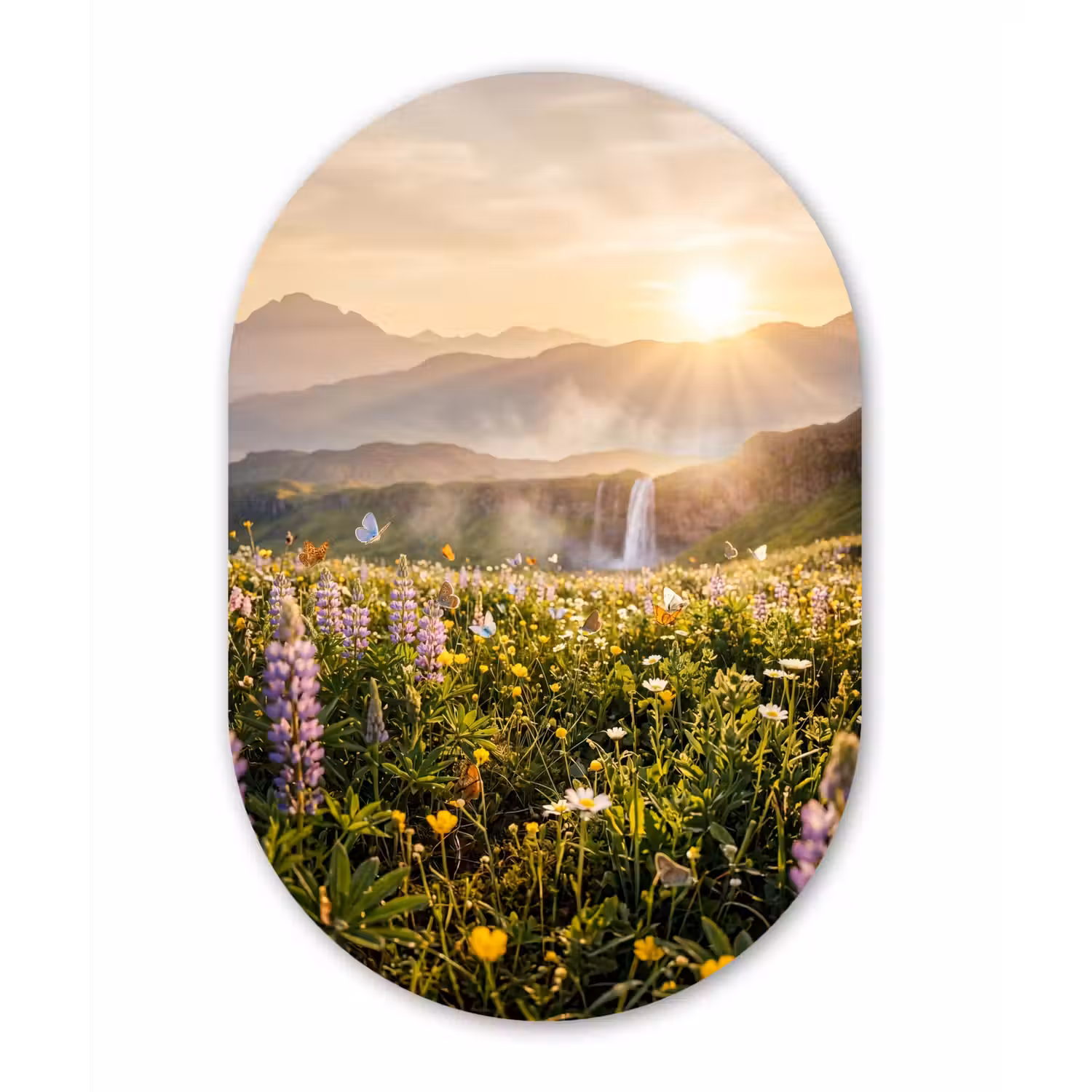 Vlinders - Waterval - Bloemenveld Wandcirkel Ovaal Aluminium middel -3d