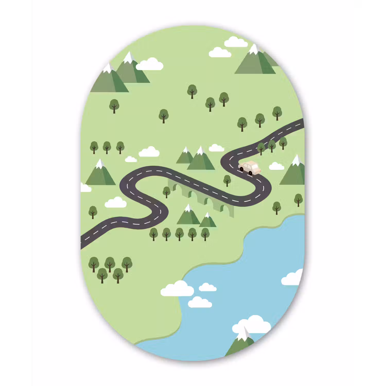 Auto - Bergweg - Natuur - Illustratie Wandcirkel Ovaal Aluminium middel -3d