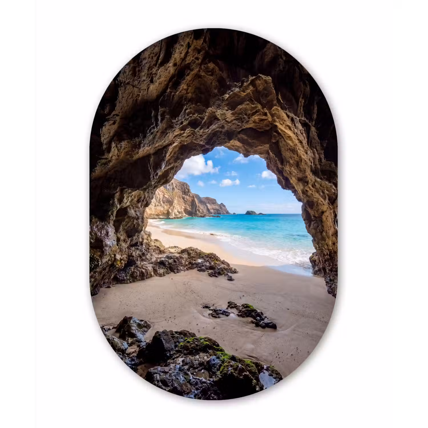 Grot - Strand - Zee - Blauw Wandcirkel Ovaal Aluminium middel -3d