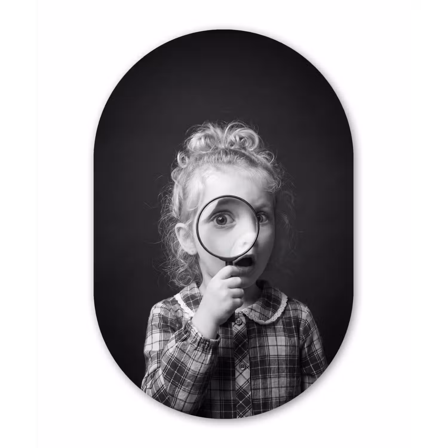 Kind - Vergrootglas - Portret - Zwart-wit Wandcirkel Ovaal Aluminium middel -3d