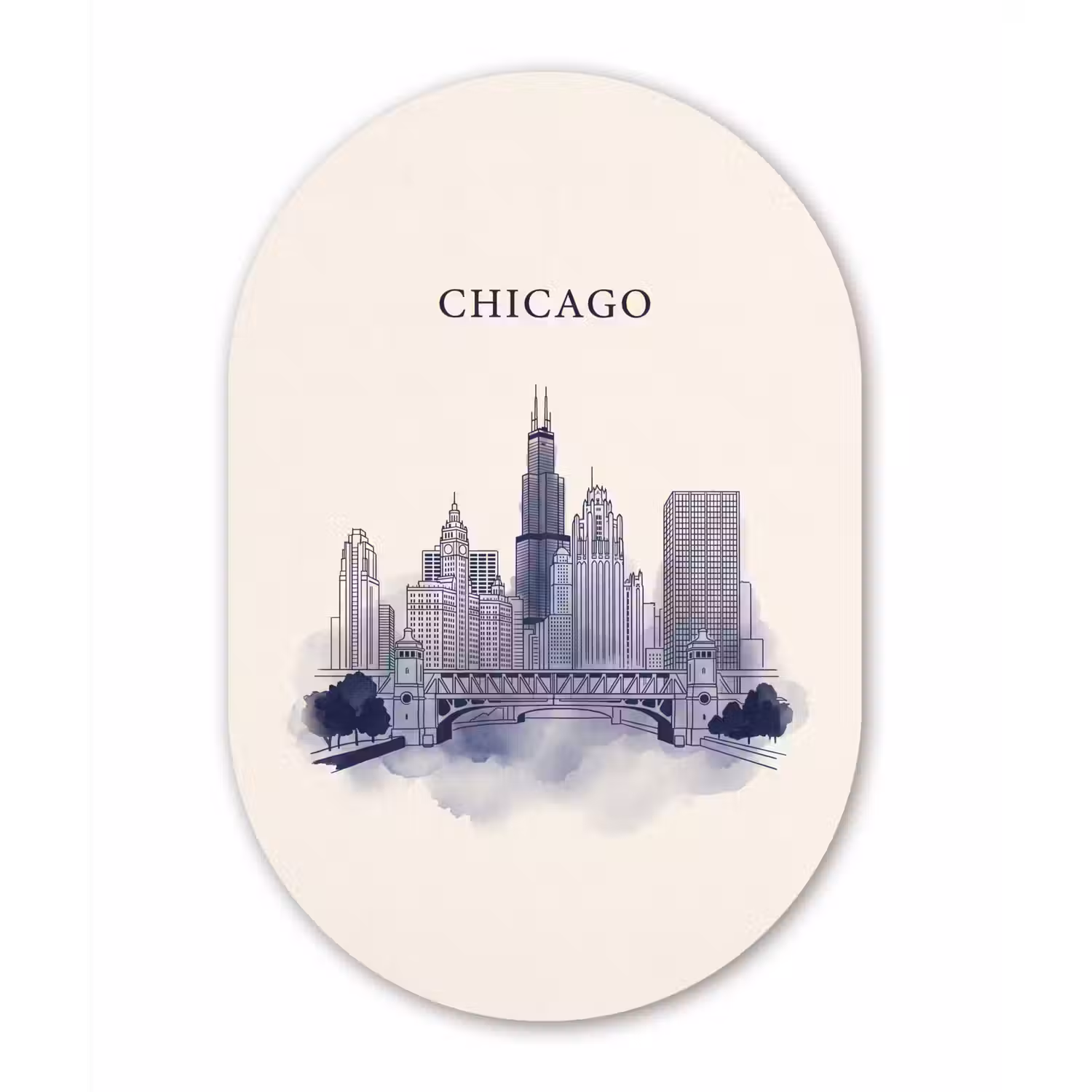 Stad - Skyline - Architectuur - Lijntekening - Blauw Wandcirkel Ovaal Aluminium middel -3d
