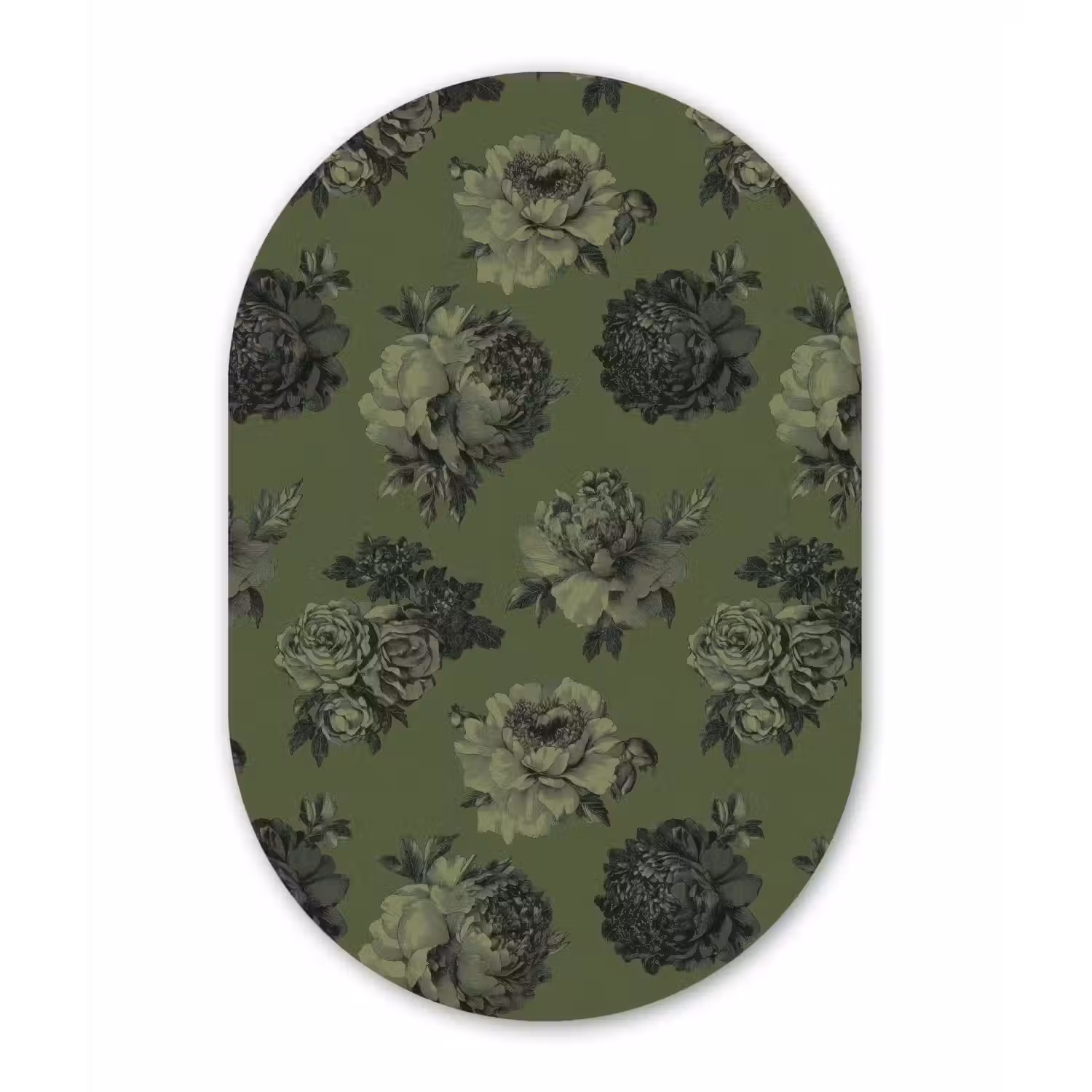 Klassiek - botanisch - olijfgroen - bloemen Wandcirkel Ovaal Aluminium middel 839 -3d
