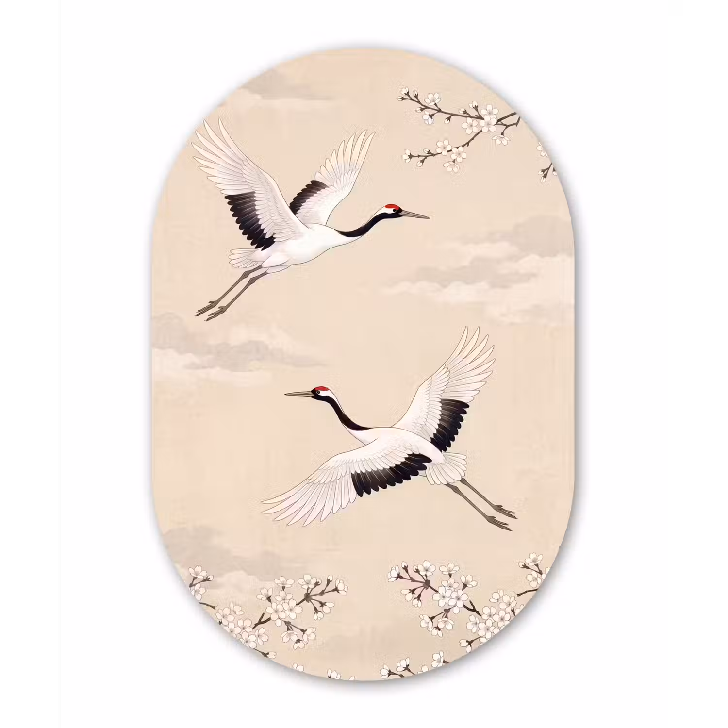 Kraanvogels - Bloesem - Beige Wandcirkel Ovaal Aluminium middel -3d