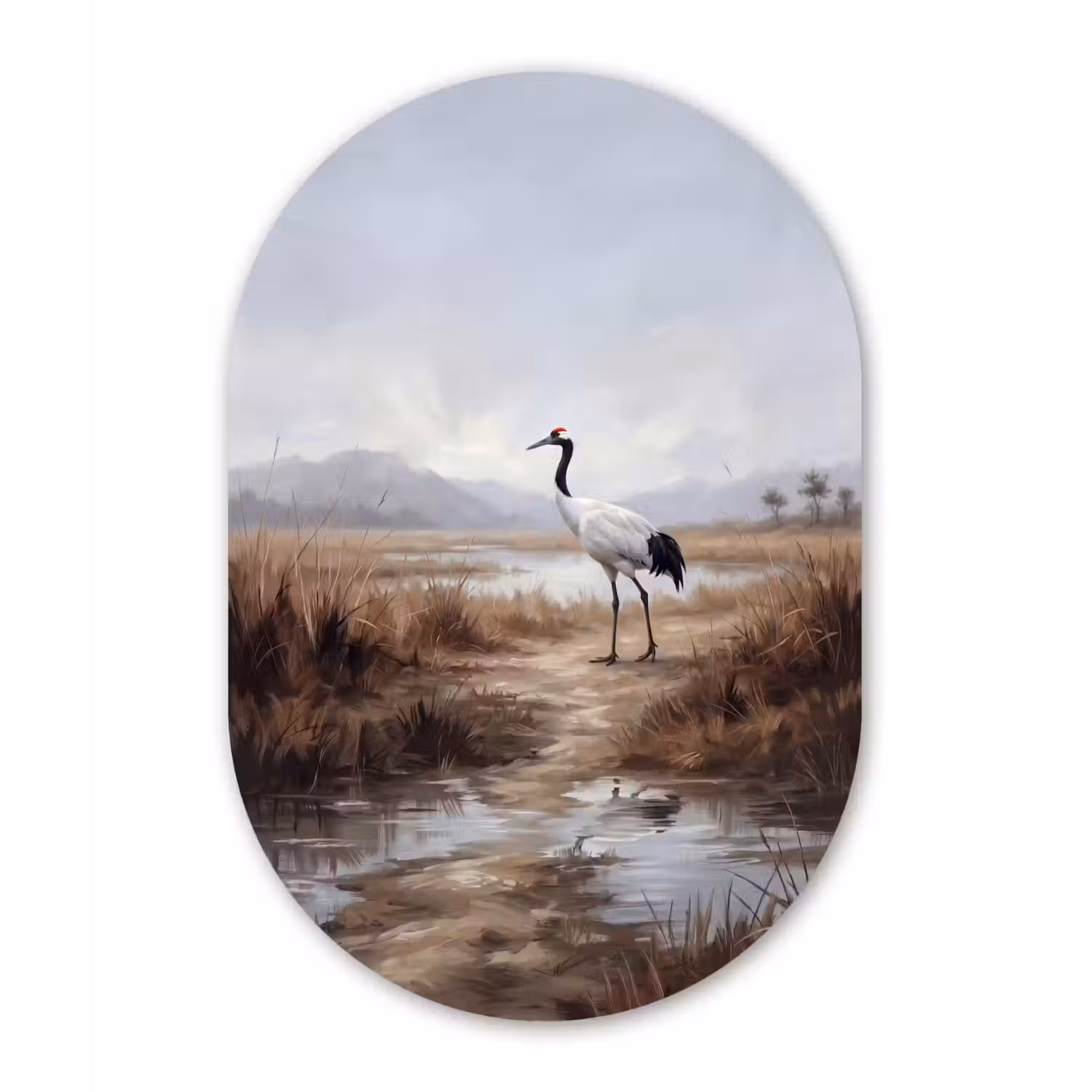 Kraanvogel - Natuur - Realistisch Wandcirkel Ovaal Aluminium middel -3d