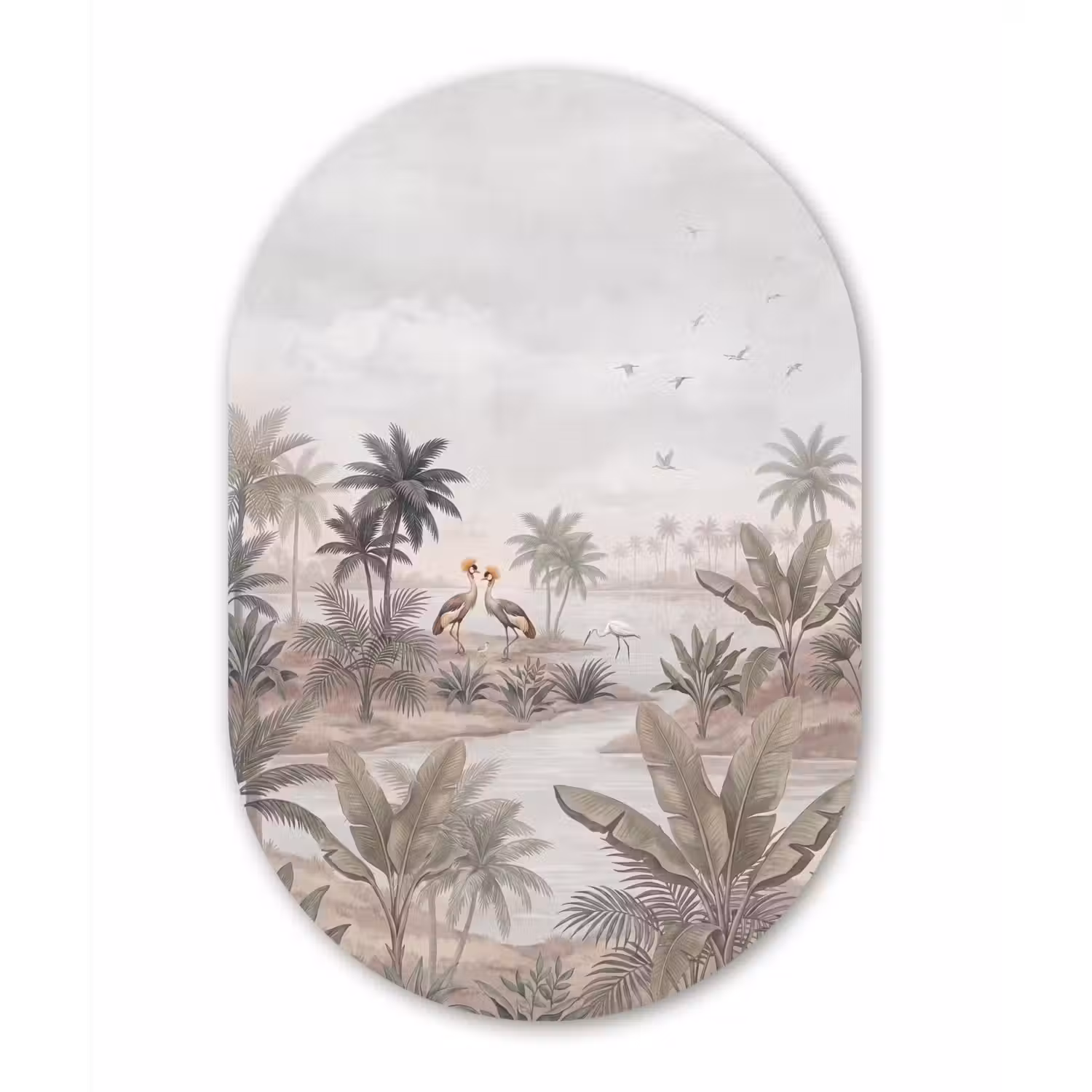 Kraanvogels - Palmbomen - Tropisch Wandcirkel Ovaal Aluminium middel -3d