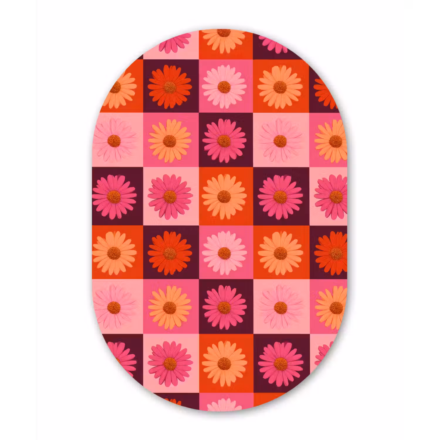 Madeliefjes - Dambord - Retro - Roze - Oranje Wandcirkel Ovaal Aluminium middel 839 -3d
