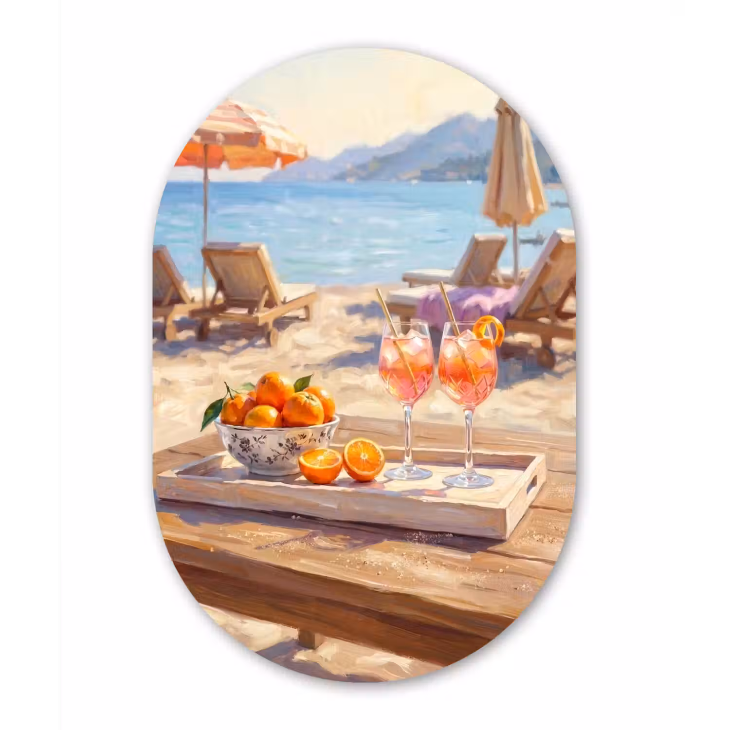 Drank - Glazen - Strand - Zomer - Oranje Wandcirkel Ovaal Aluminium middel -3d