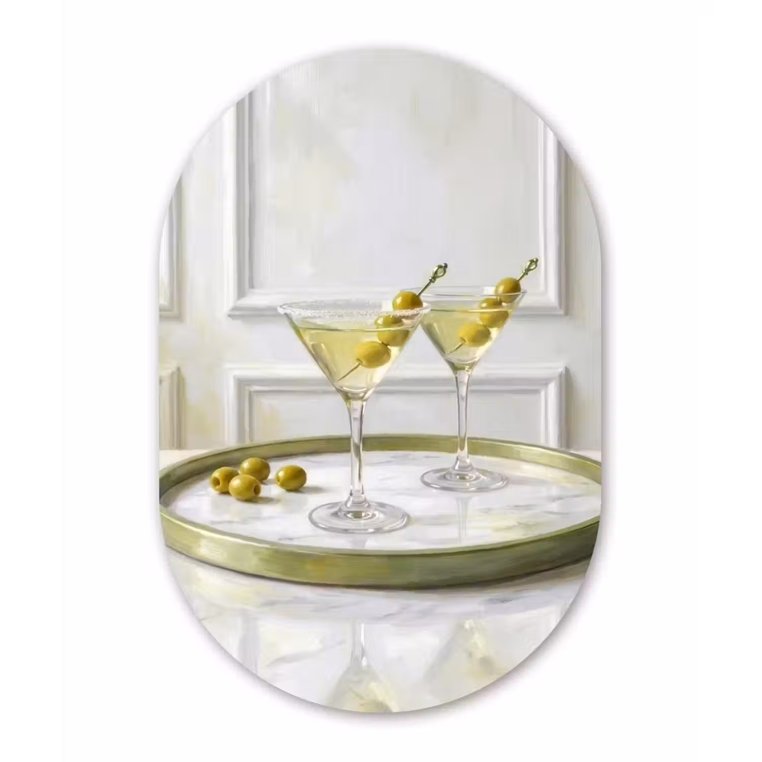 Drank - Martini - Olijven - Modern - Wit Wandcirkel Ovaal Aluminium middel -3d