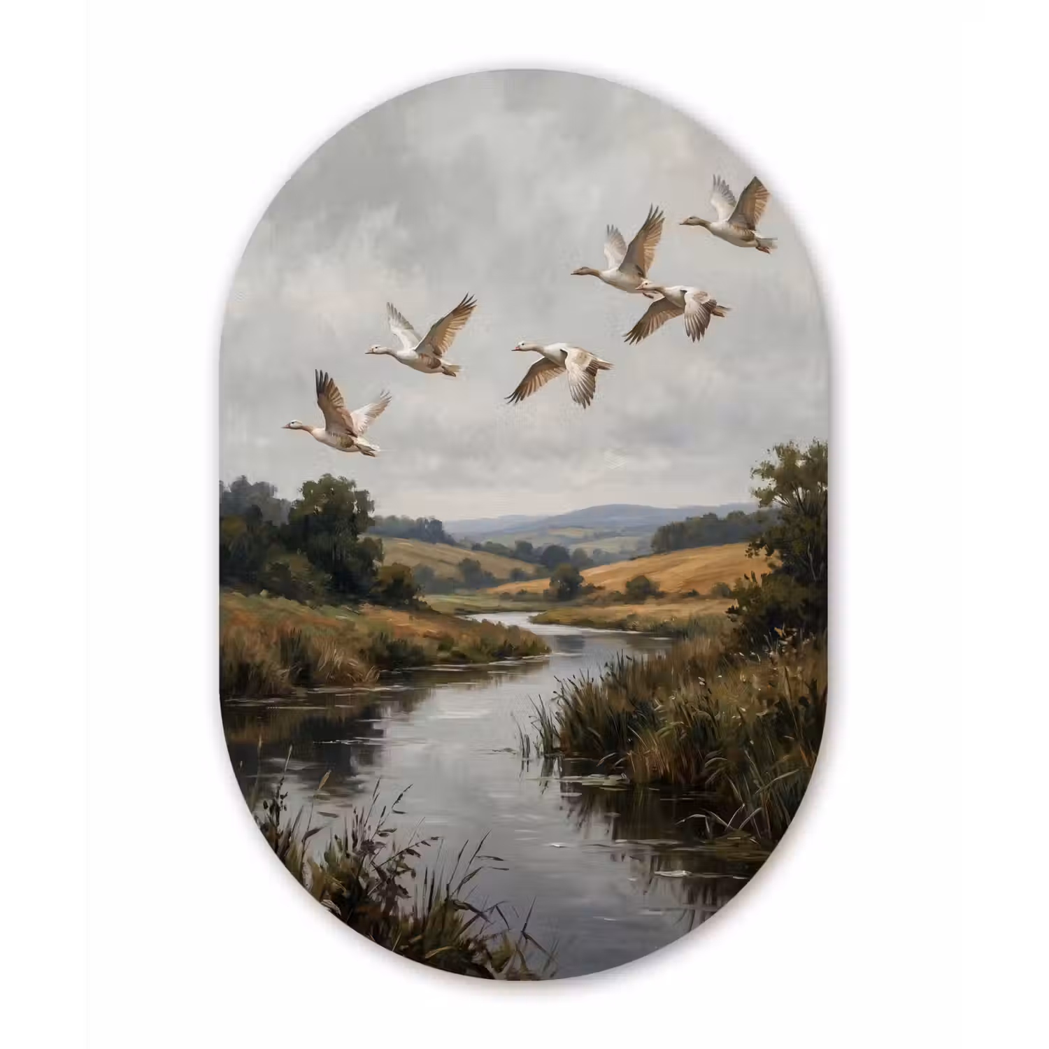 Eenden - Rivier - Landschap - Vlucht - Nostalgisch Wandcirkel Ovaal Aluminium middel -3d