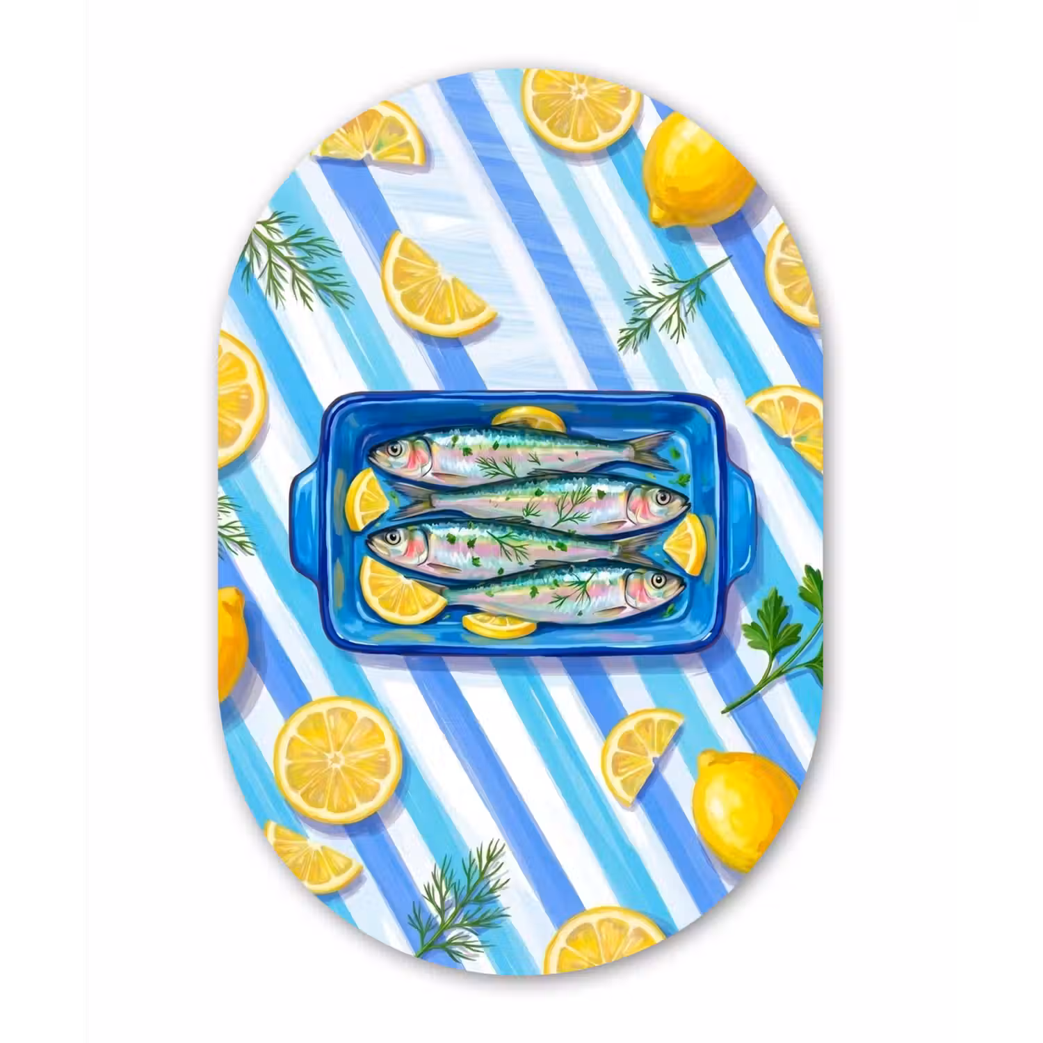 Vis - Citroen - Kruiden - Eten - Blauw Wandcirkel Ovaal Aluminium middel -3d
