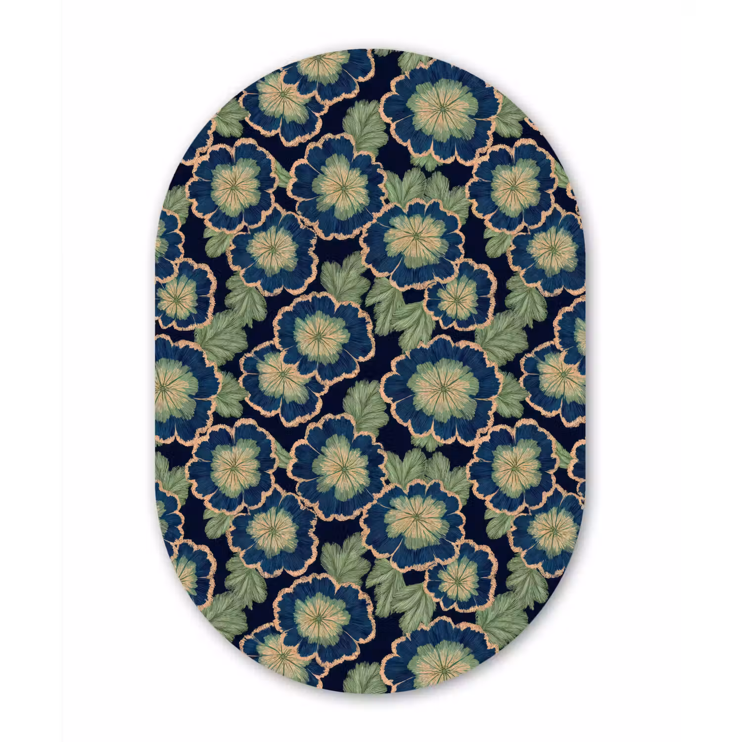 Bloemen - Borduurwerk - Patroon - Blauw - Groen Wandcirkel Ovaal Aluminium middel 839 -3d