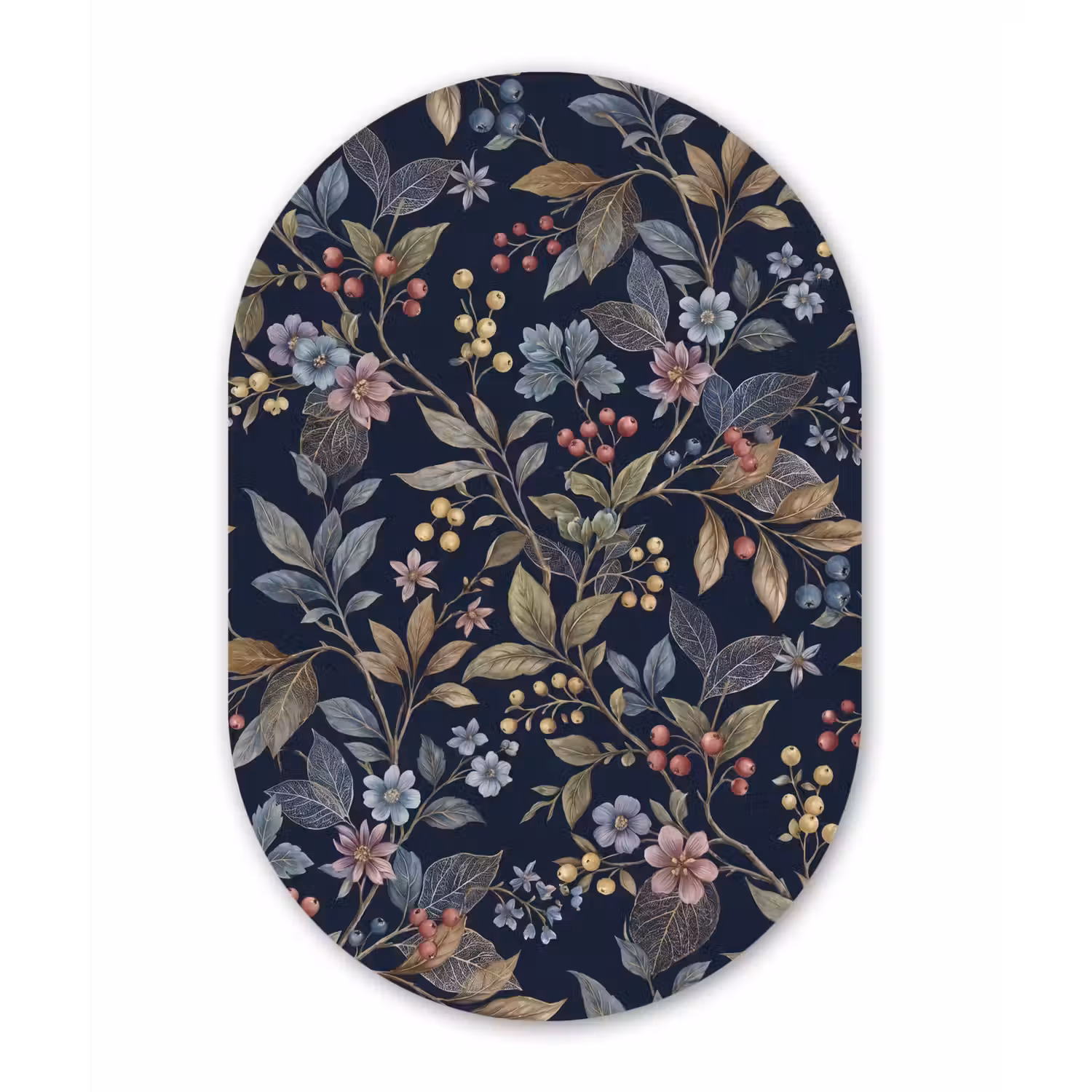 Bloemen - Bladeren - Patroon - Botanisch - Donkerblauw Wandcirkel Ovaal Aluminium middel -3d