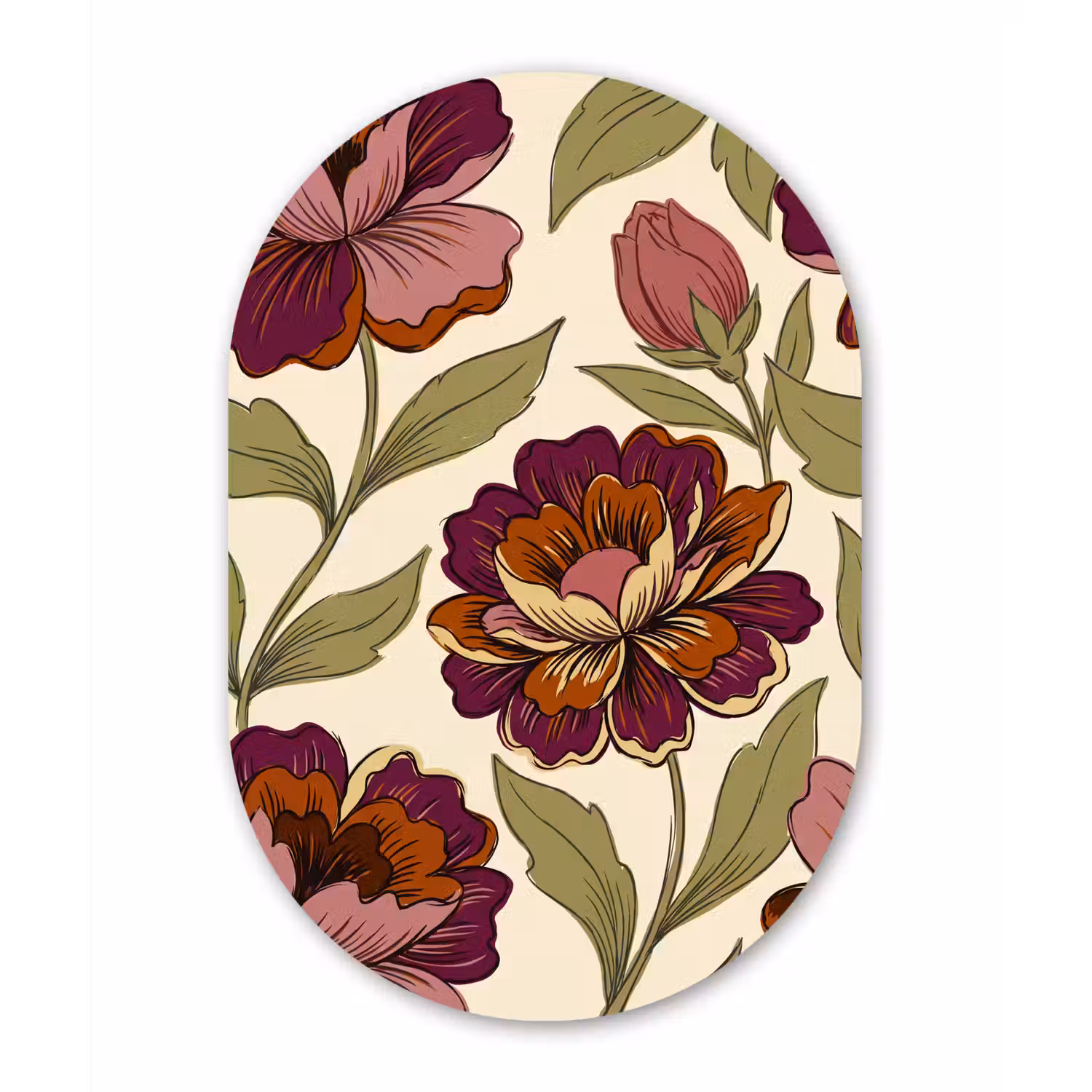 Bloemen - Patroon - Natuur - Modern - Paars Wandcirkel Ovaal Aluminium middel -3d