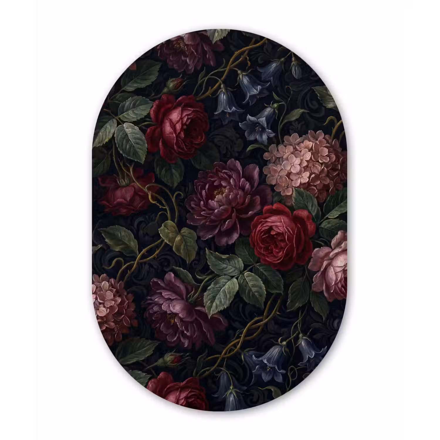 Bloemen - Rood - Klassiek - Donker - Patroon Wandcirkel Ovaal Aluminium middel -3d