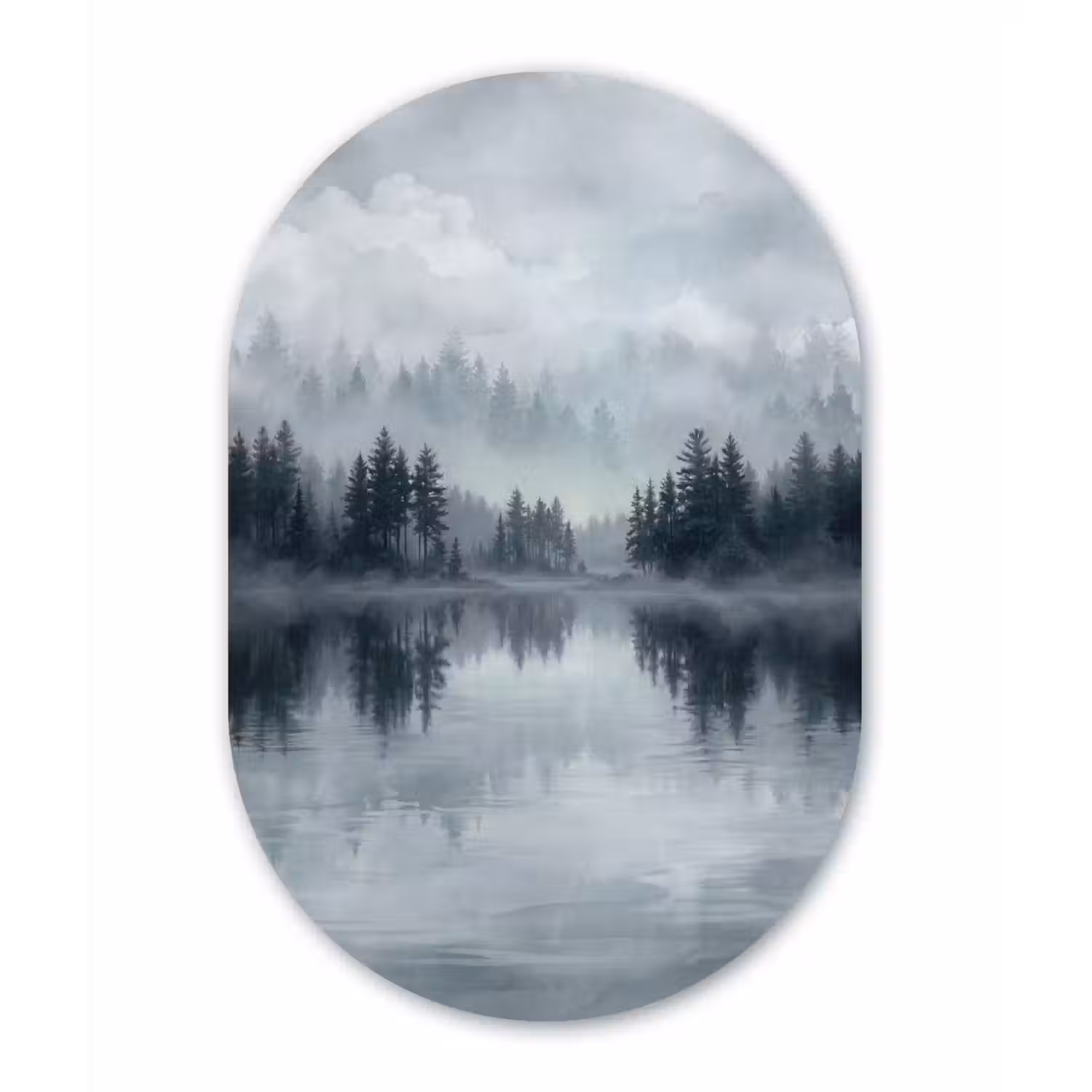 Bos - Meer - Mist - Natuur - Grijs Wandcirkel Ovaal Aluminium middel -3d