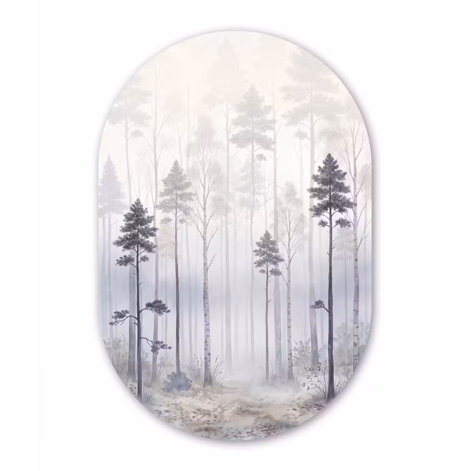 Bos - Bomen - Mist - Natuur - Illustratie - Grijs Wandcirkel Ovaal Aluminium middel -3d