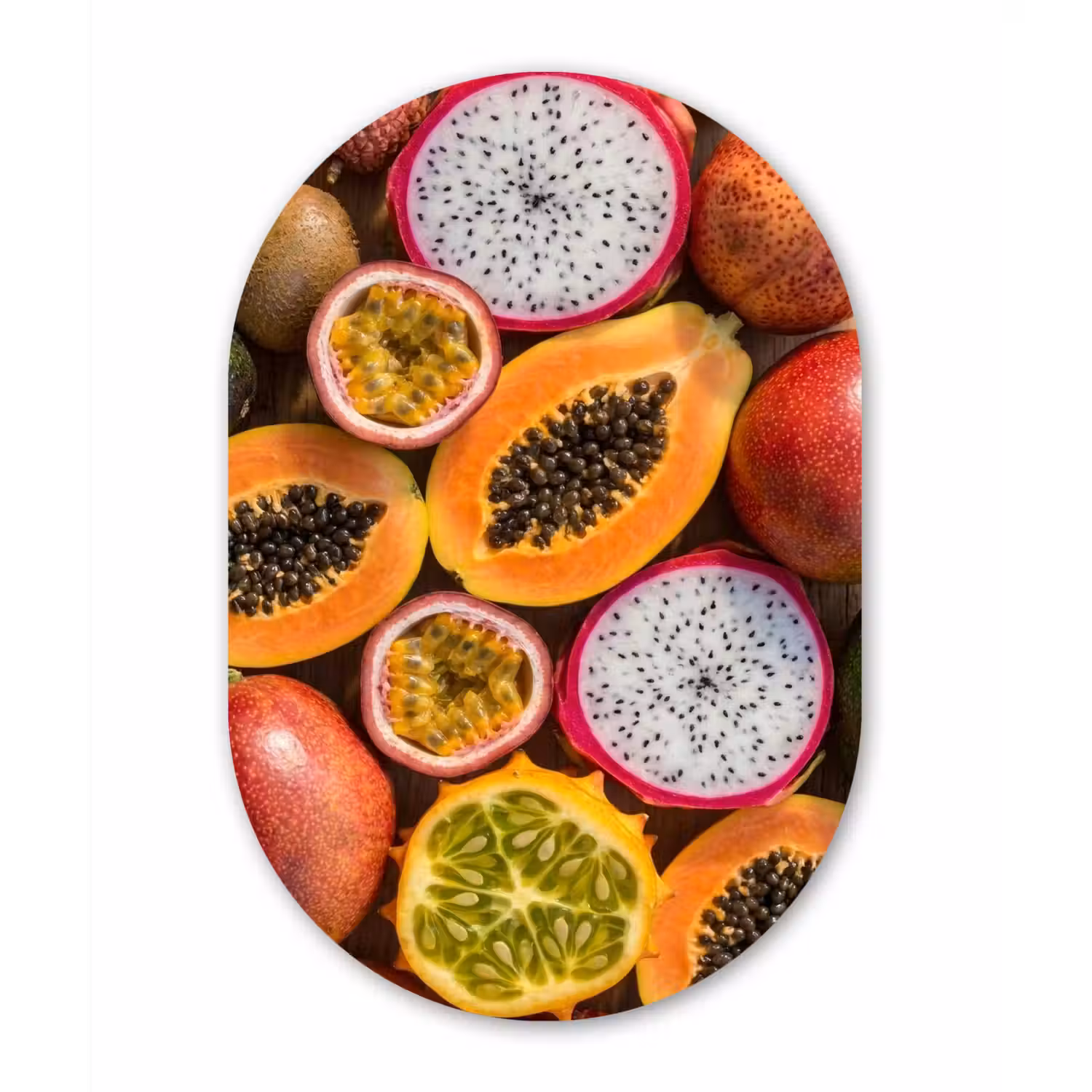 Fruit - Geopend - Tropisch - Eten - Kleurrijk Wandcirkel Ovaal Aluminium middel -3d