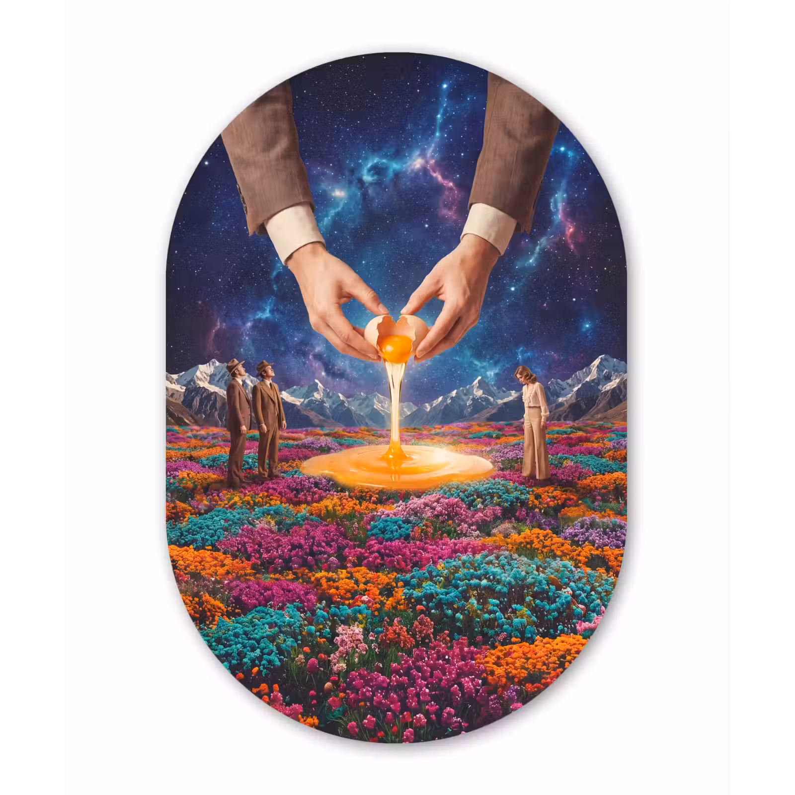 aluminium oval wall art - Hands - Egg - Surrealism - Handen - Ei - Surrealisme Wandcirkel Ovaal Aluminium middel