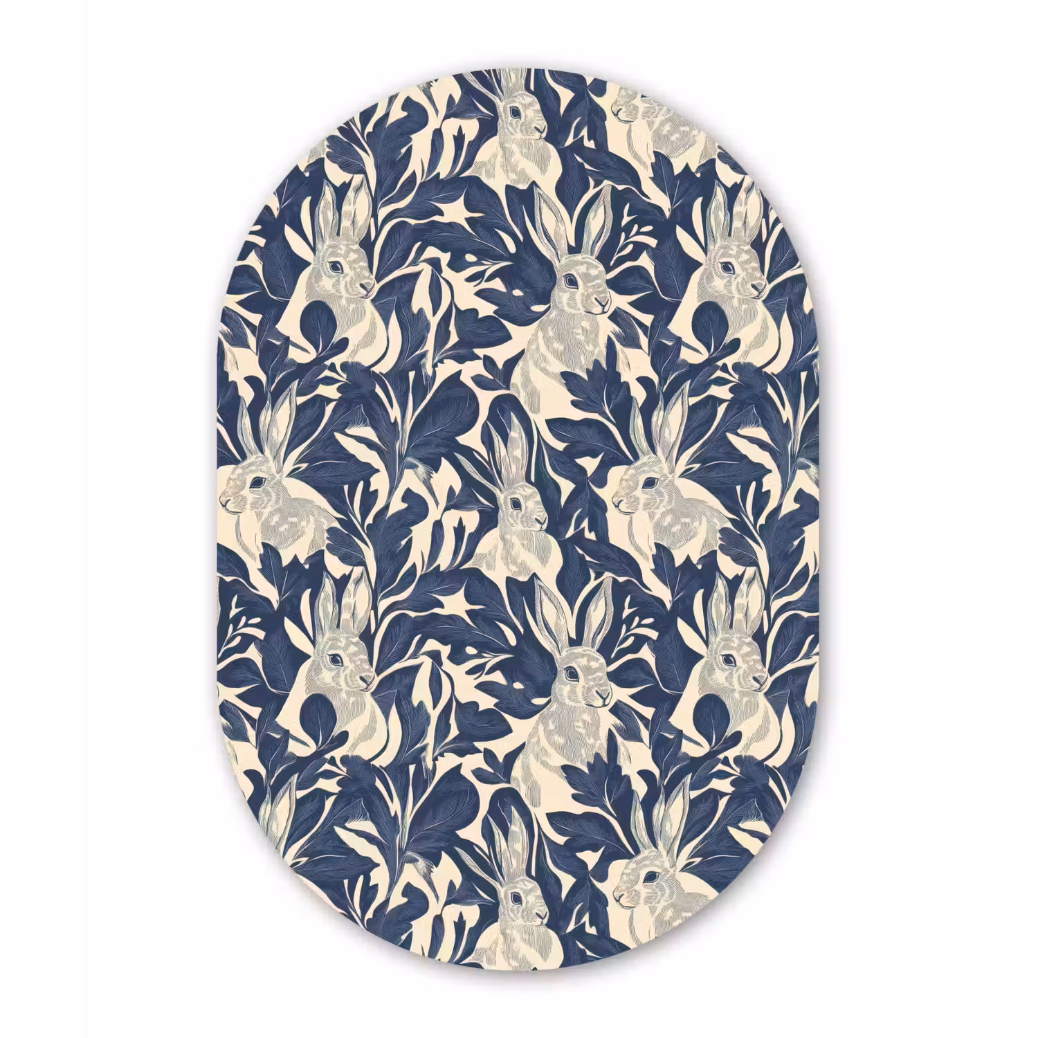 Hazen - Bladeren - Patroon - Blauw - Beige Wandcirkel Ovaal Aluminium middel 839 -3d