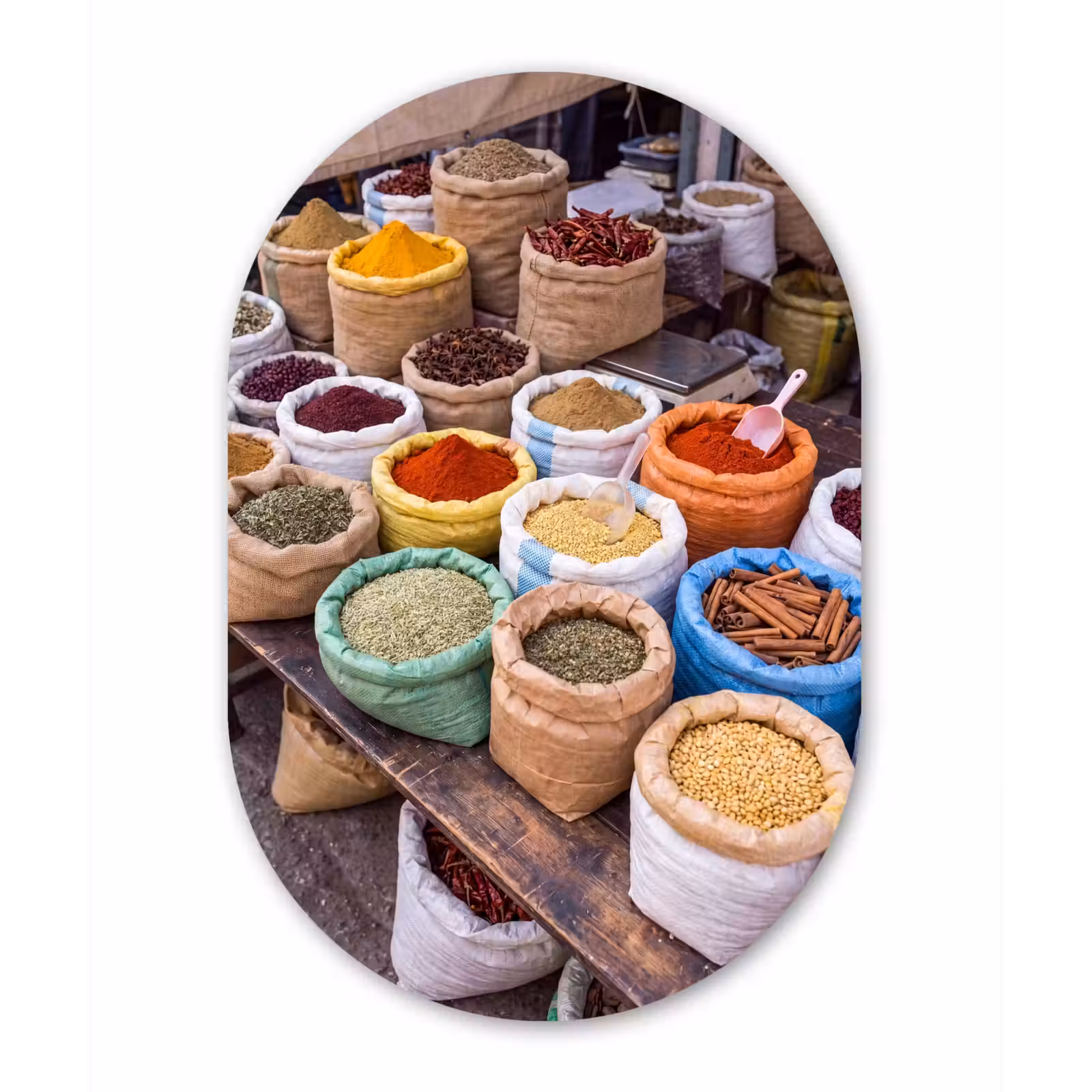 aluminium oval wall art - Herbs - Bags - Market - Kruiden - Zakken - Markt Wandcirkel Ovaal Aluminium middel