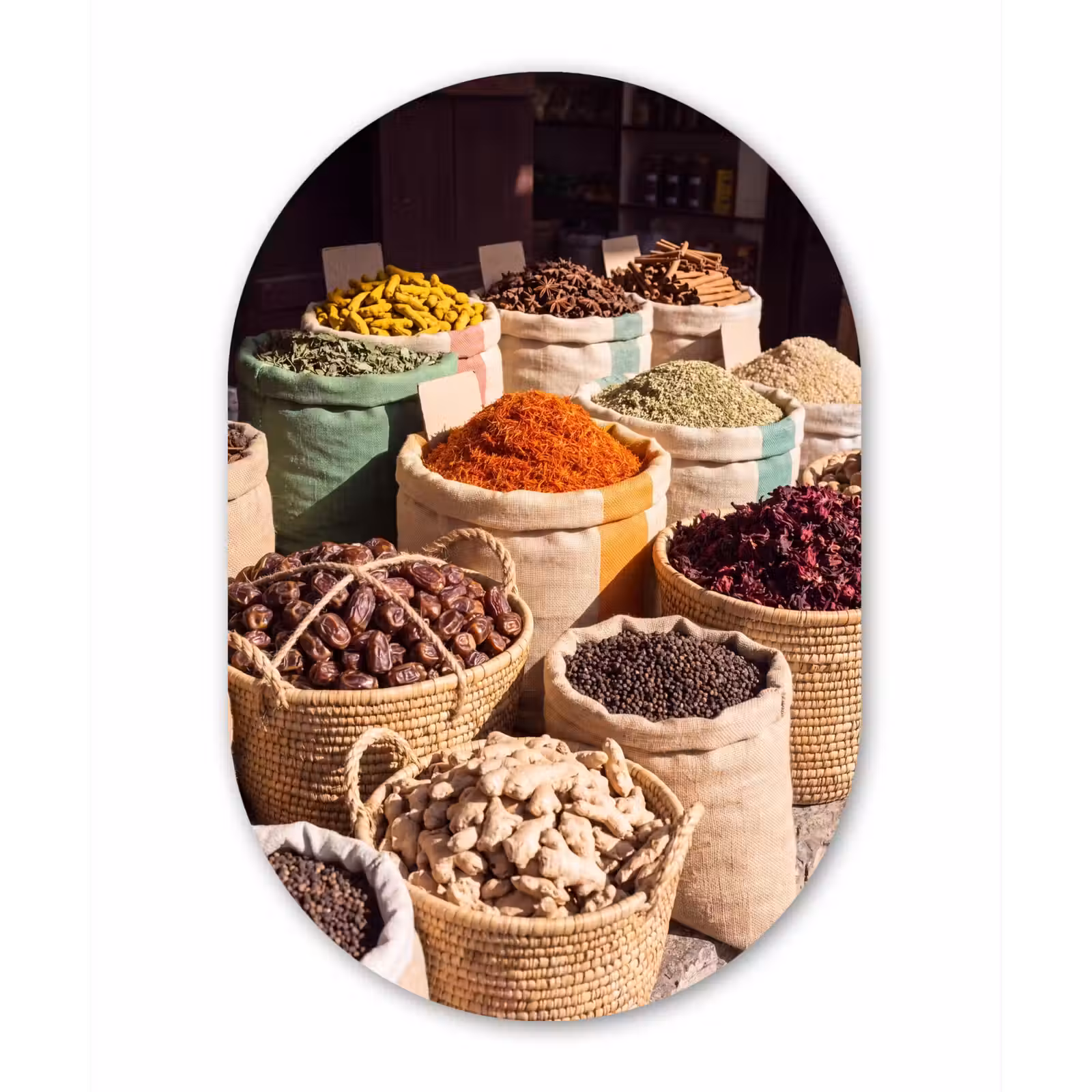 aluminium oval wall art - Herbs - Market - Colorful - Kruiden - Markt - Kleurrijk Wandcirkel Ovaal Aluminium middel