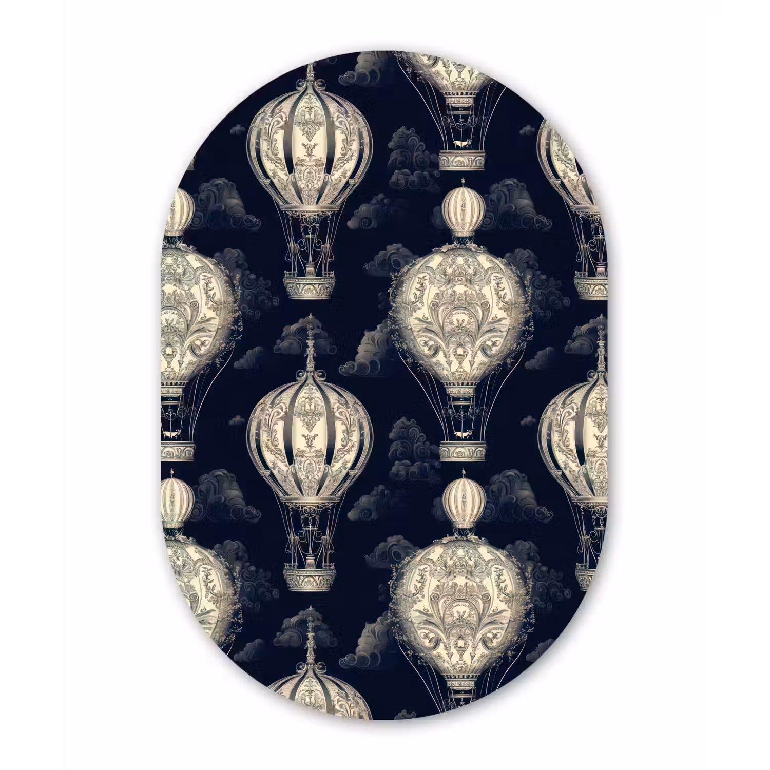 Luchtballonnen - Wolken - Patroon - Donkerblauw Wandcirkel Ovaal Aluminium middel 839 -3d