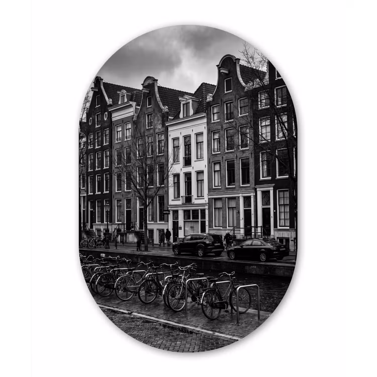 Huis - Gracht - Amsterdam - Architectuur - Zwart-wit Wandcirkel Ovaal Aluminium middel -3d