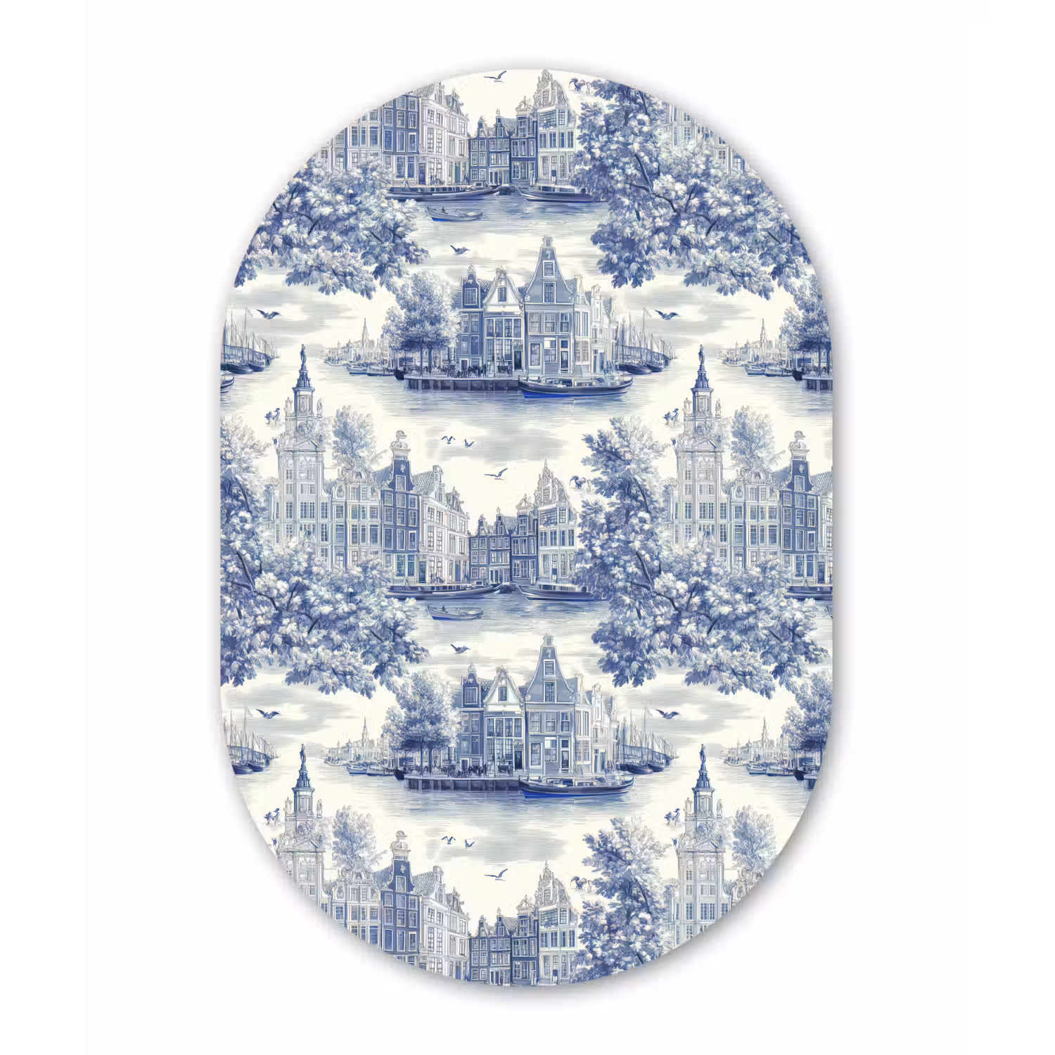 Huizen - Bomen - Water - Vogels - Blauw Wandcirkel Ovaal Aluminium middel 839 -3d