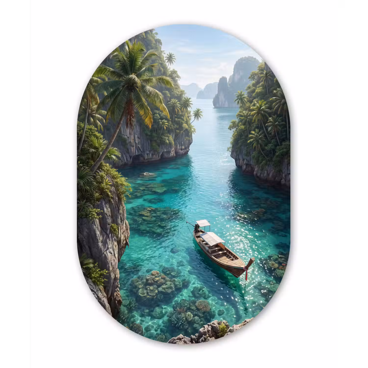 Eiland - Tropisch - Water - Palmbomen - Natuur Wandcirkel Ovaal Aluminium middel -3d