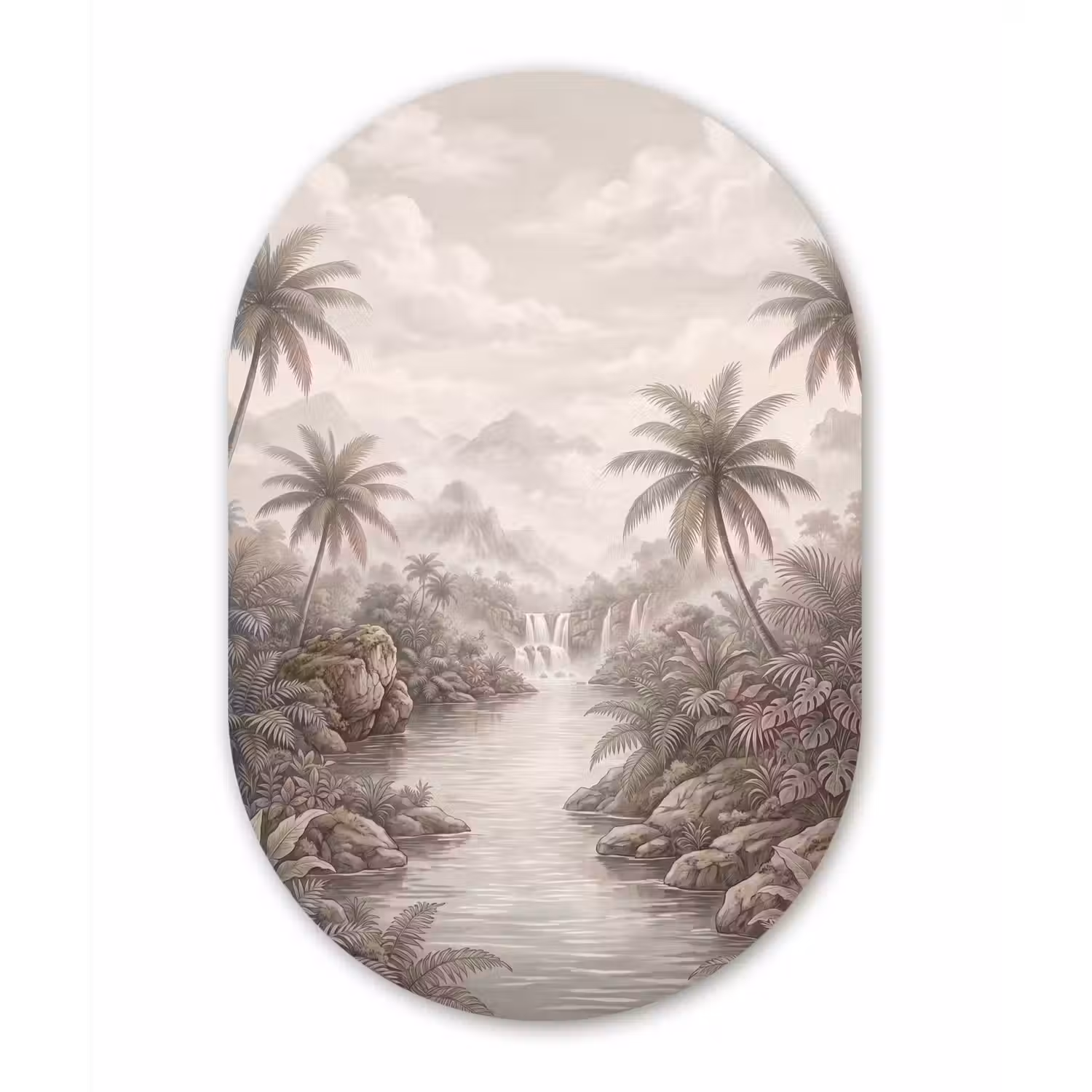 Jungle - Watervallen - Tropisch - Illustratie Wandcirkel Ovaal Aluminium middel -3d