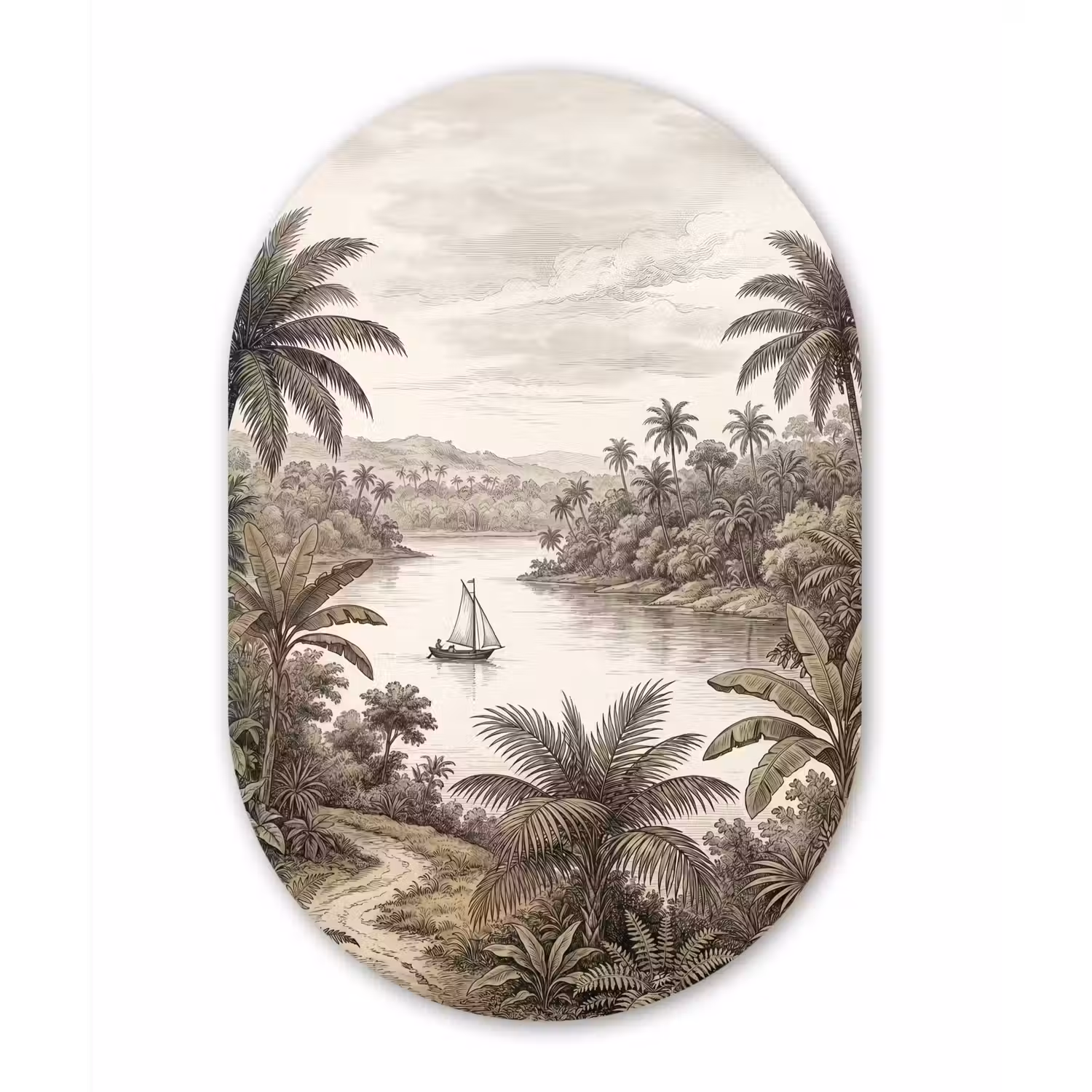 Landschap - Rivier - Boot - Tropisch - Vintage Wandcirkel Ovaal Aluminium middel -3d