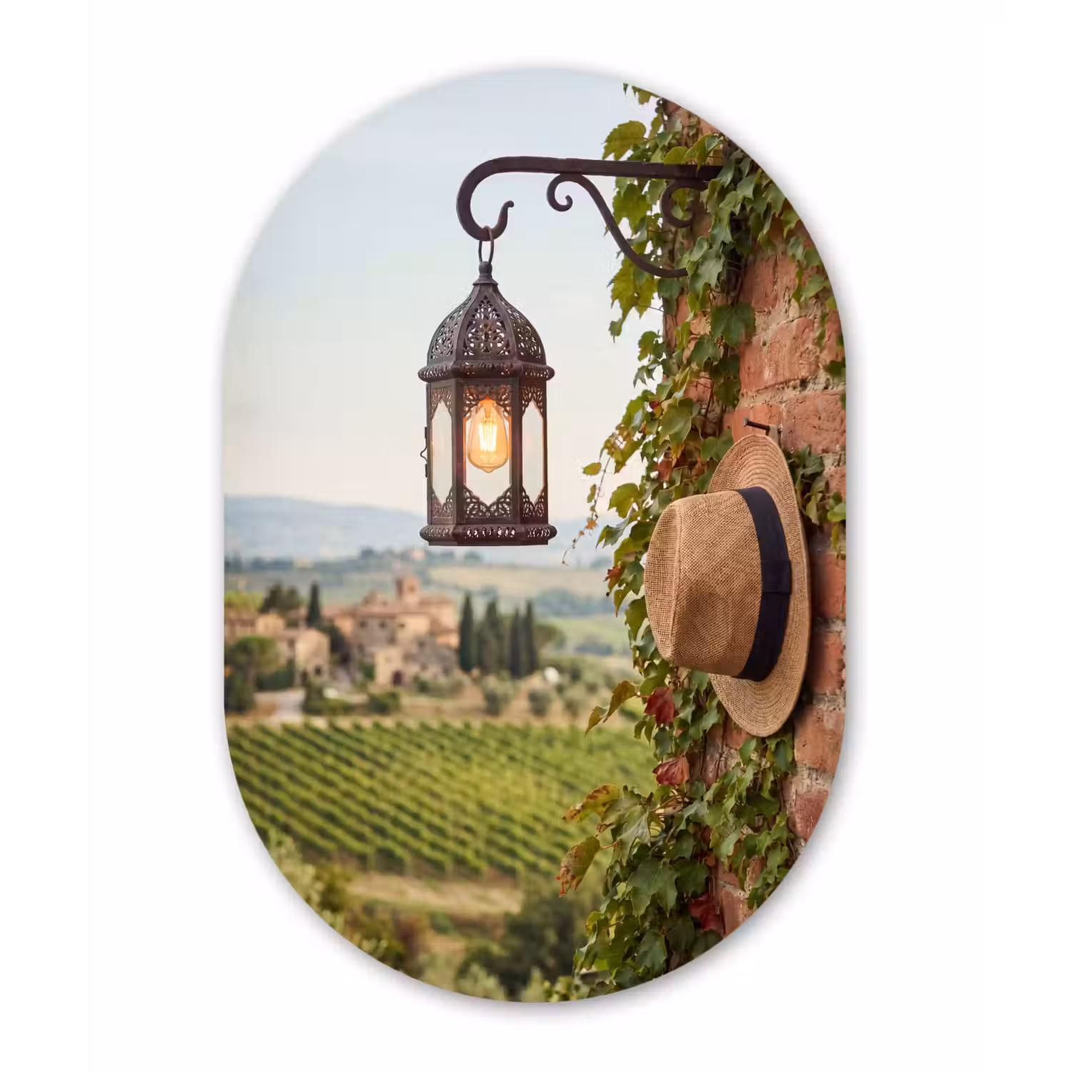 Lantaarn - Wijngaard - Landschap - Italiaans Wandcirkel Ovaal Aluminium middel -3d
