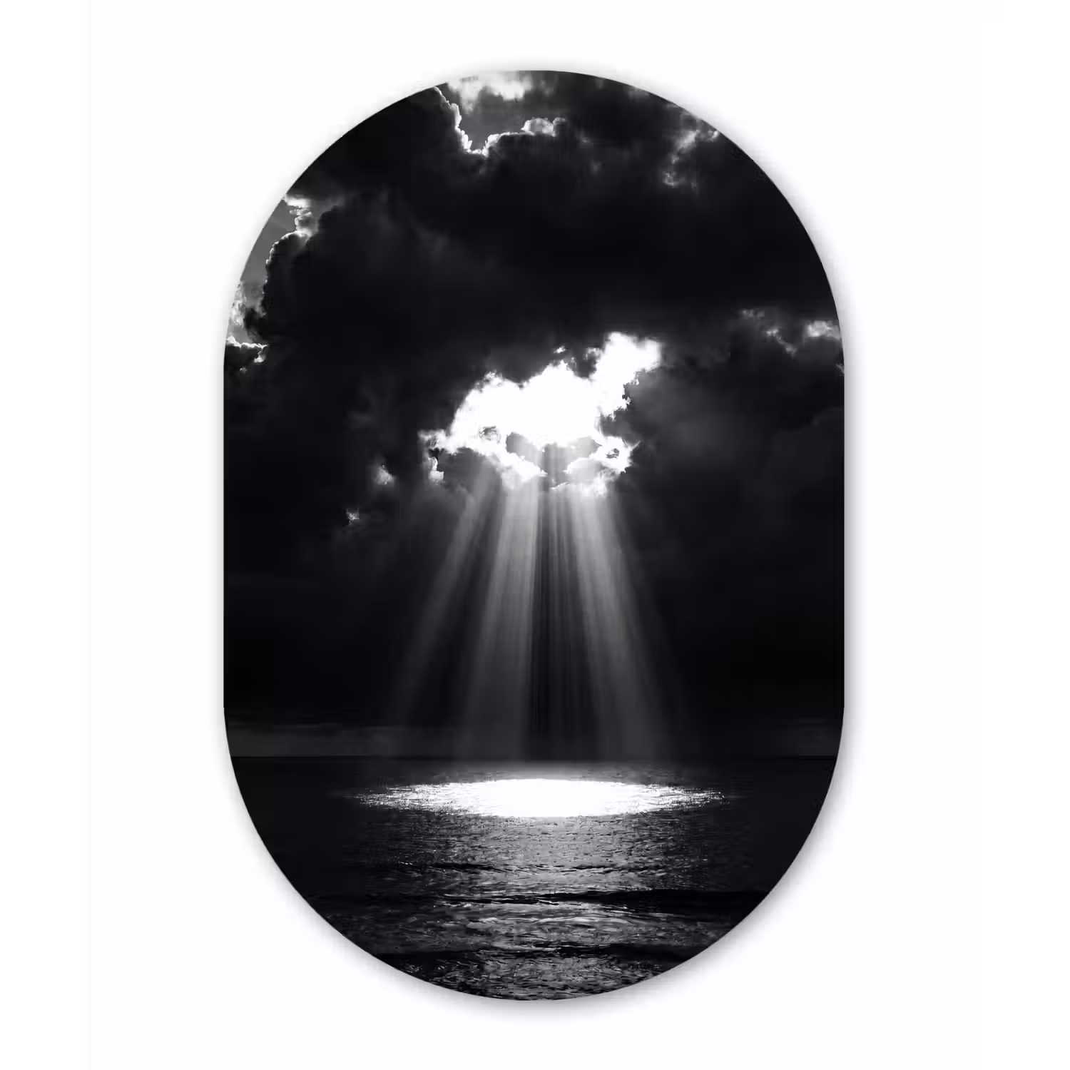 Licht - Wolken - Zee - Zwart-wit - Natuur Wandcirkel Ovaal Aluminium middel -3d