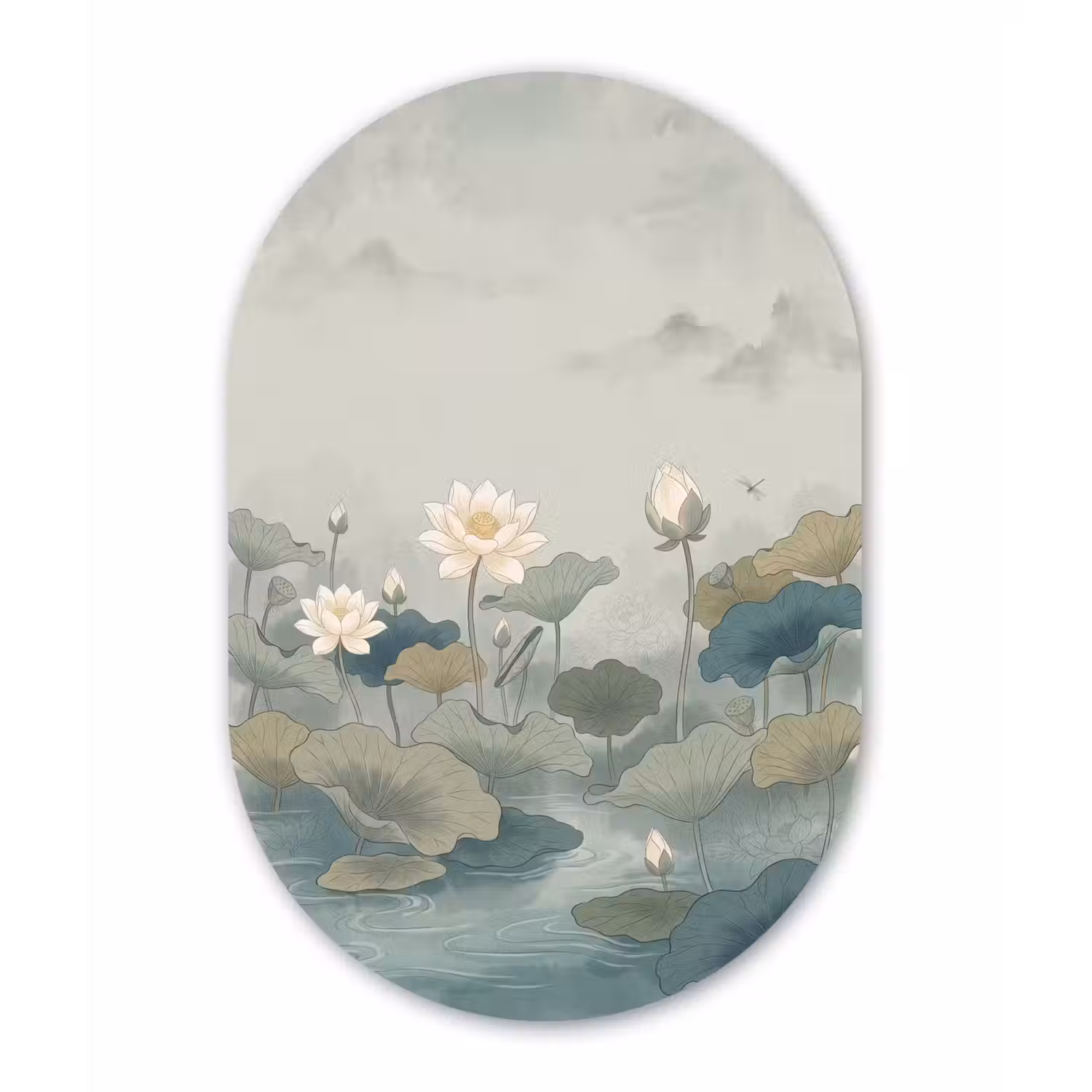 Lotus - Bloemen - Groen Wandcirkel Ovaal Aluminium middel -3d
