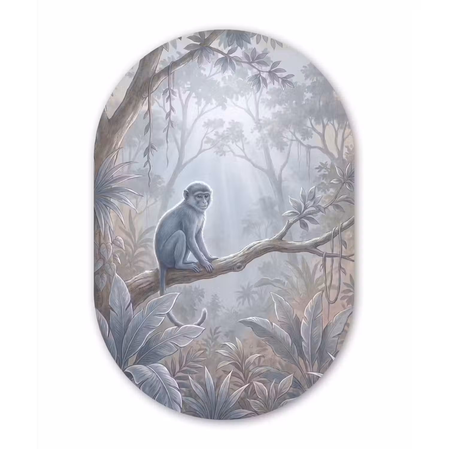 Aap - Boom - Jungle - Natuur - Grijs Wandcirkel Ovaal Aluminium middel -3d