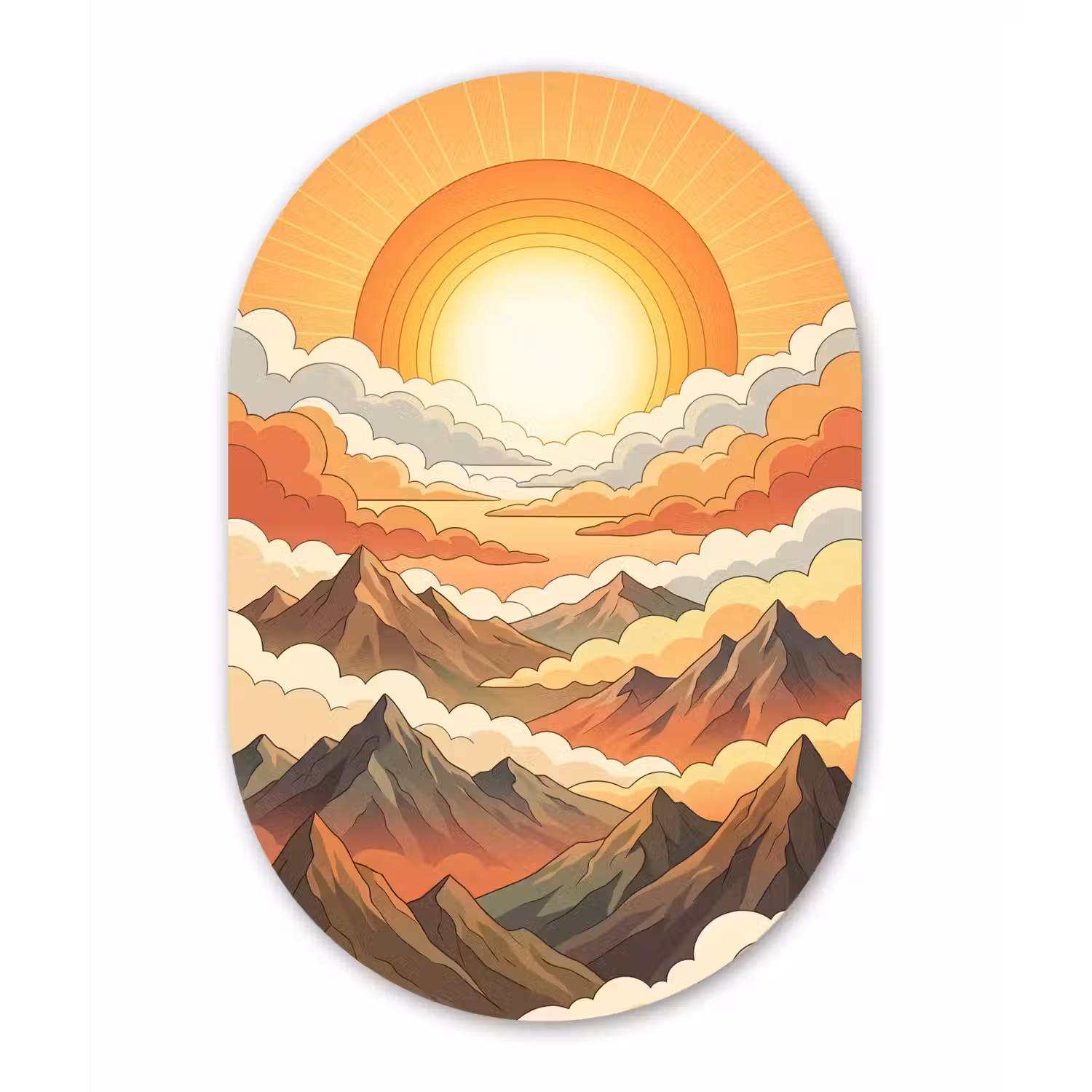 Bergen - Wolken - Natuur - Zonsopgang - Oranje Wandcirkel Ovaal Aluminium middel -3d