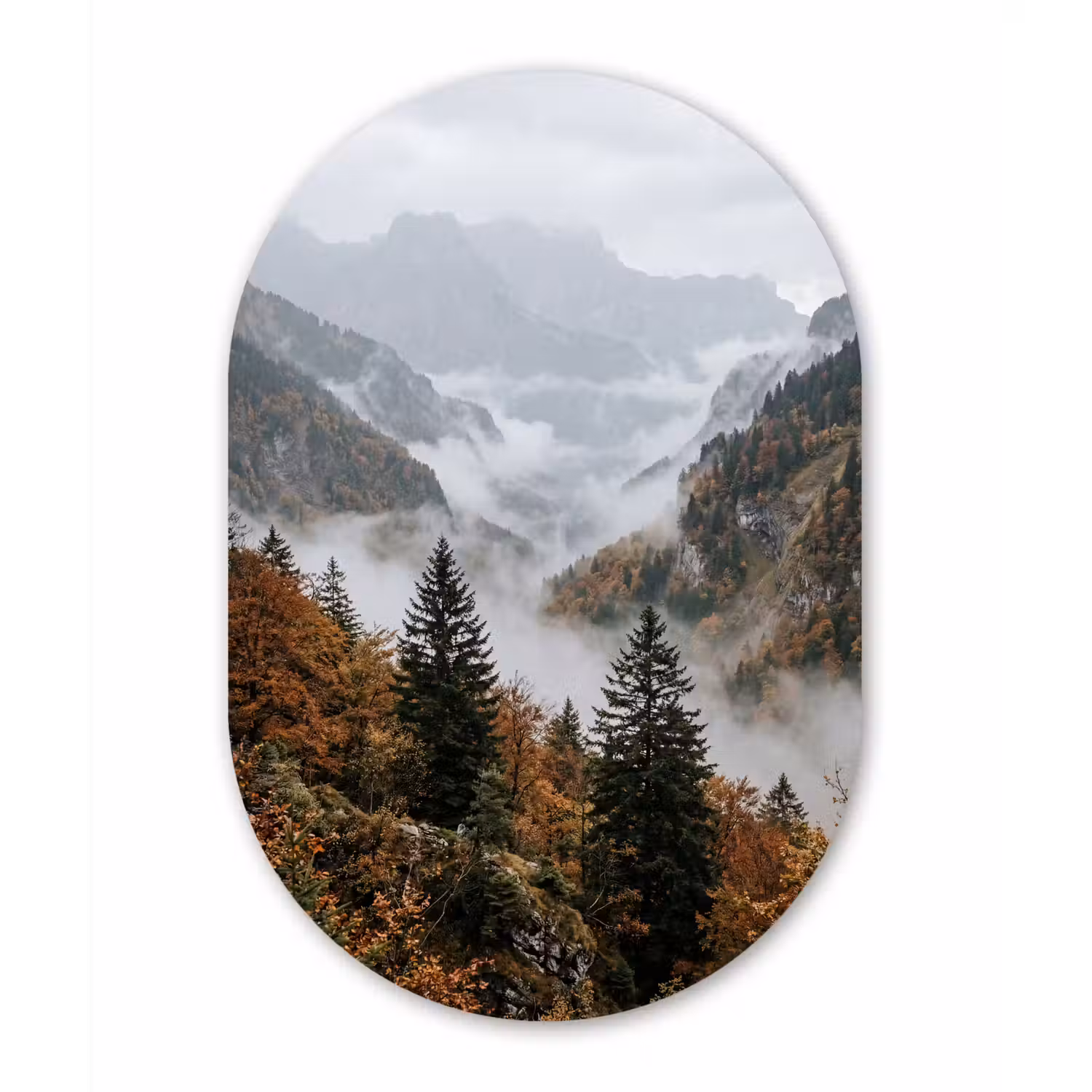 Bergen - Vallei - Mist - Herfst - Natuur Wandcirkel Ovaal Aluminium middel -3d