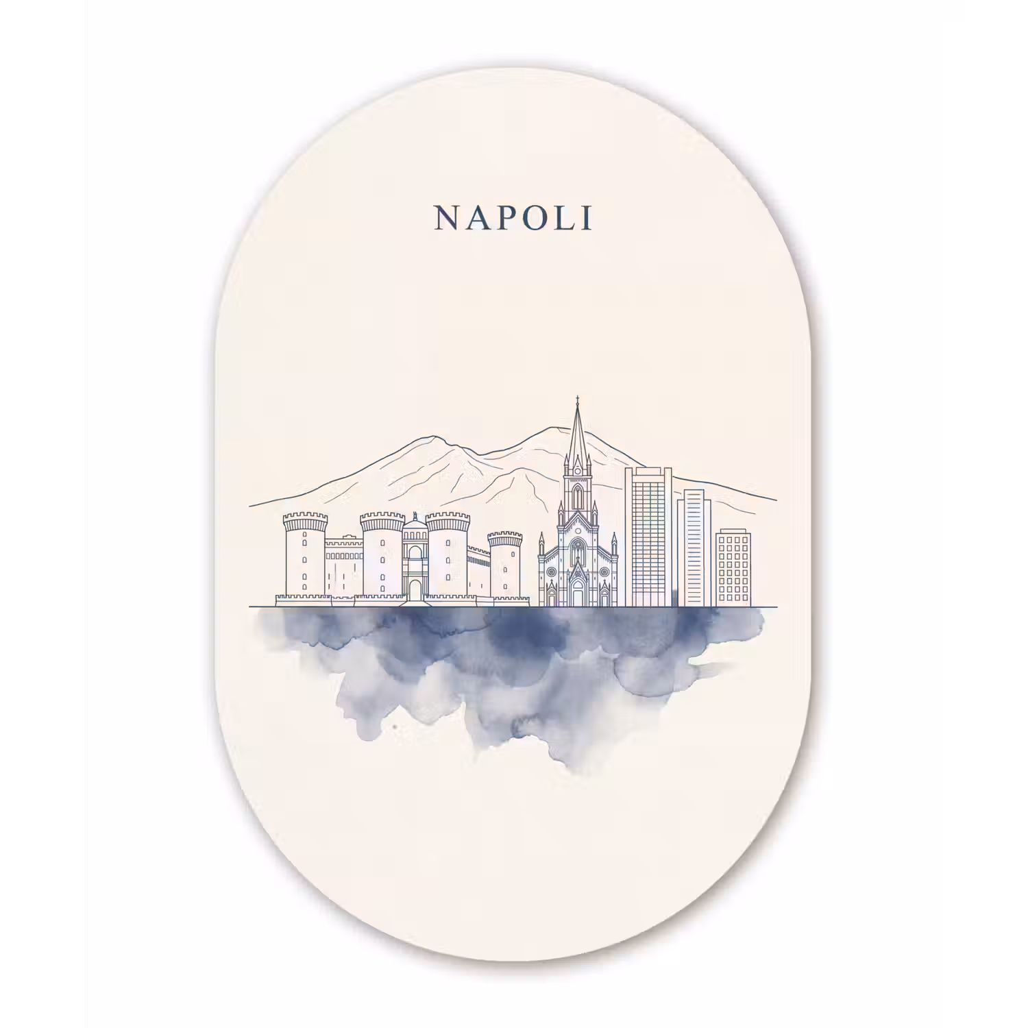 Napels - Skyline - Italie - Lijntekening - Aquarel Wandcirkel Ovaal Aluminium middel -3d