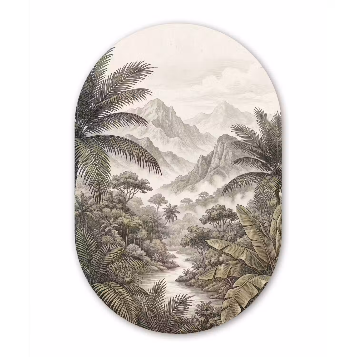 Natuur - Bergen - Rivier - Tropisch - Vintage Wandcirkel Ovaal Aluminium middel -3d