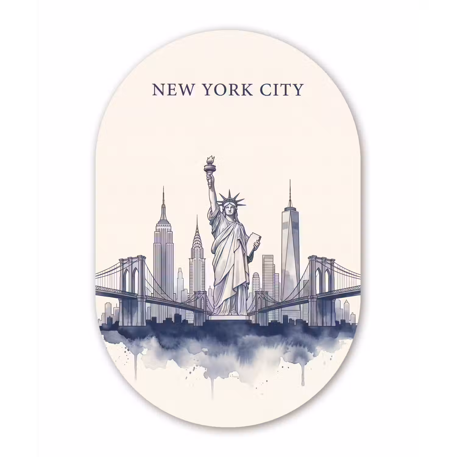 New York - Vrijheidsbeeld - Skyline - Illustratie - Blauw Wandcirkel Ovaal Aluminium middel -3d