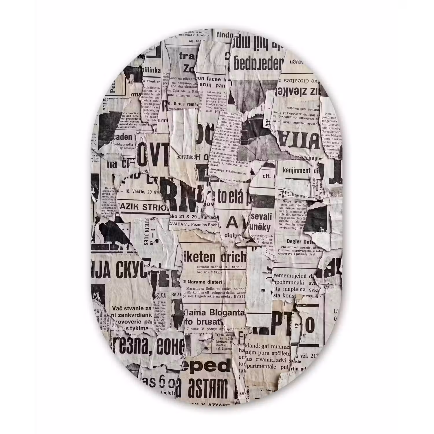 Krant - Gescheurd - Textuur - Abstract - Zwart-wit Wandcirkel Ovaal Aluminium middel -3d