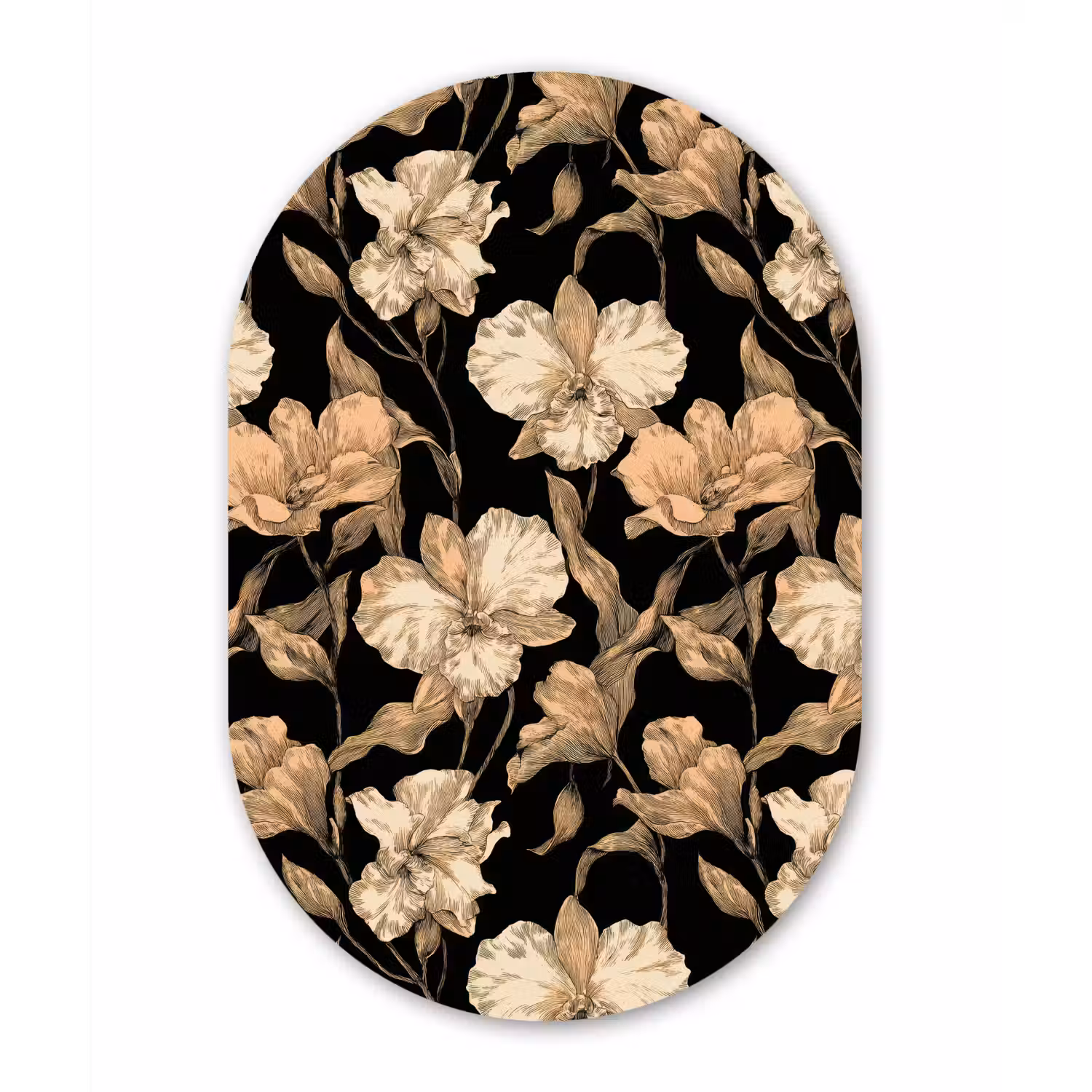 Orchideeën - Lijntekening - Patroon - Beige - Zwart Wandcirkel Ovaal Aluminium middel 839 -3d