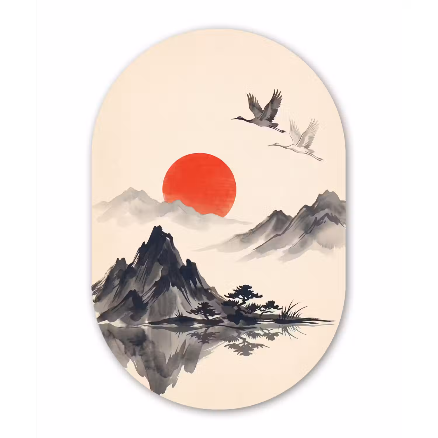 Oosters - Kraanvogels - Landschap Wandcirkel Ovaal Aluminium middel -3d