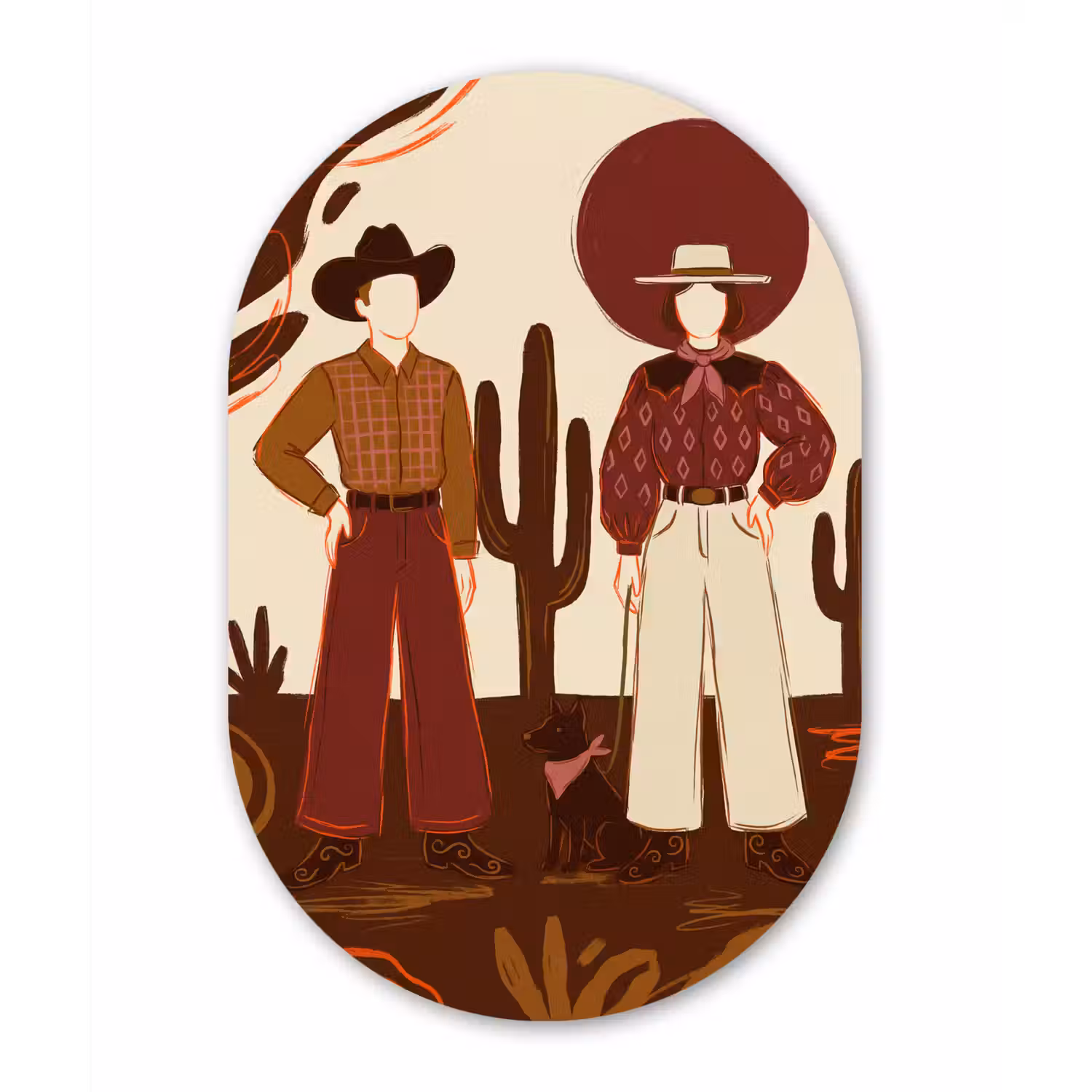 Mensen - Cowboykleding - Westerse stijl - Illustratie - Bruin Wandcirkel Ovaal Aluminium middel -3d