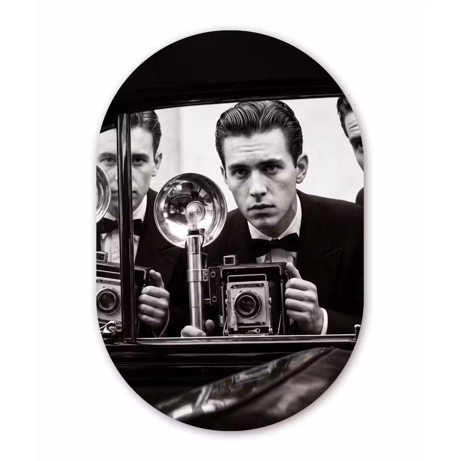 Fotograaf - Camera - Vintage - Journalistiek - Zwart-wit Wandcirkel Ovaal Aluminium middel -3d