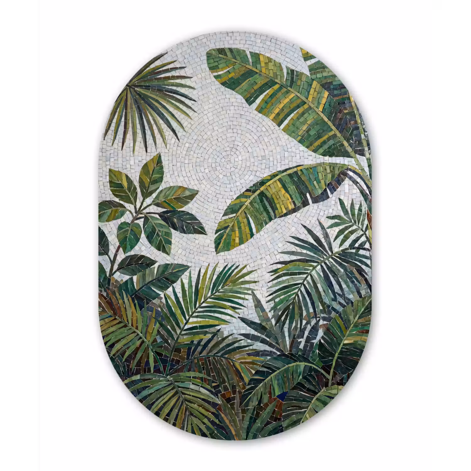 Planten - Tropisch - Mozaïek - Groen - Natuur Wandcirkel Ovaal Aluminium middel -3d