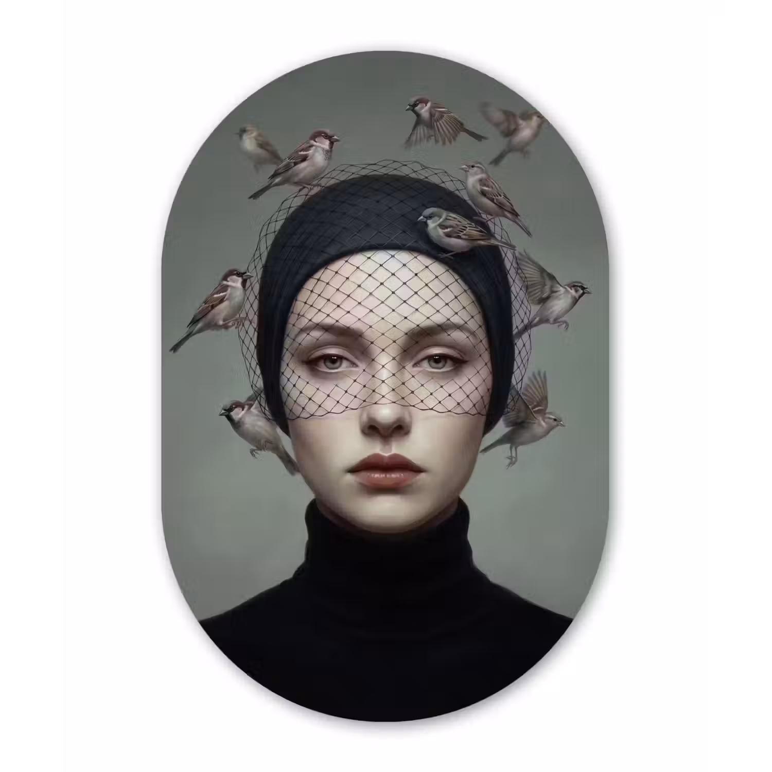 Portret - Vogels - Zwart Wandcirkel Ovaal Aluminium middel -3d