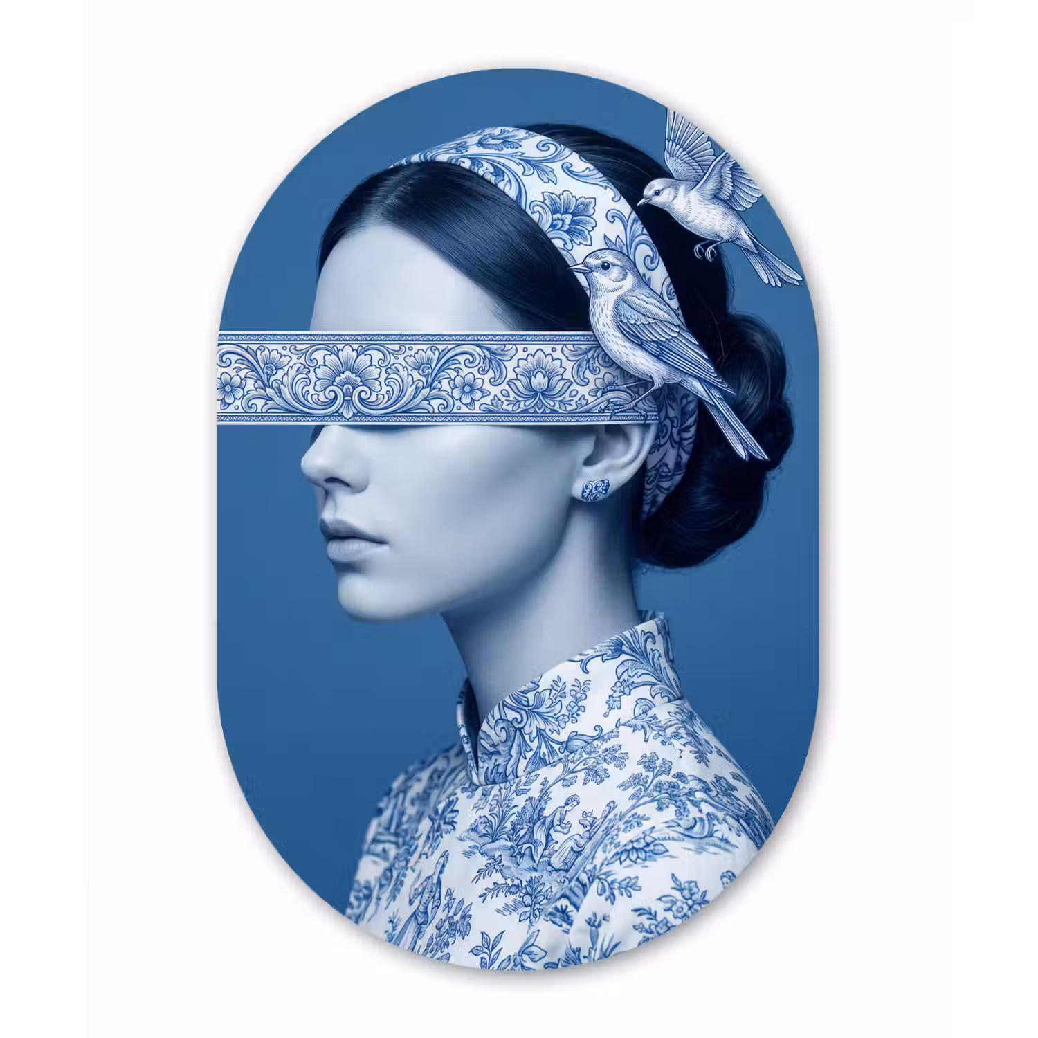 Portret - Klassiek - Wit - Blauw Wandcirkel Ovaal Aluminium middel -3d