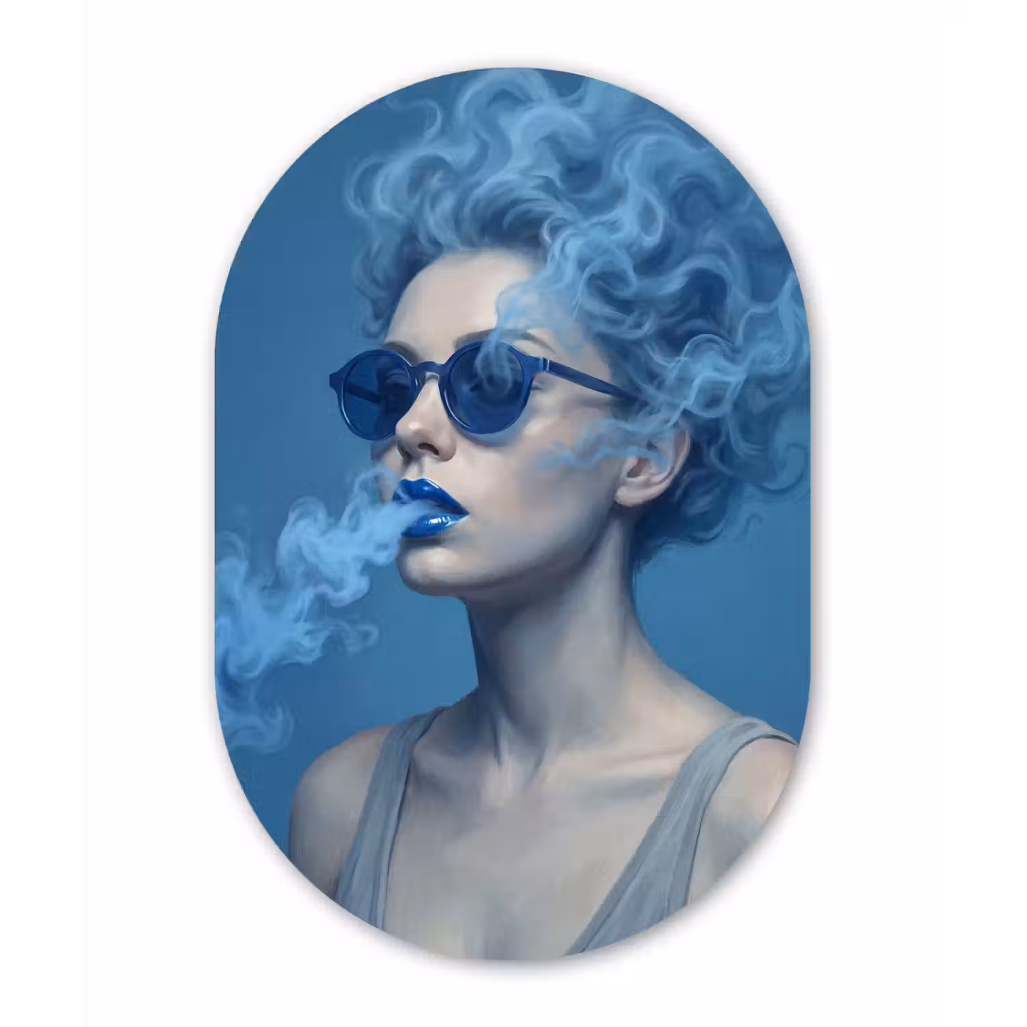 Portret - Zonnebril - Rook - Abstract - Blauw Wandcirkel Ovaal Aluminium middel -3d