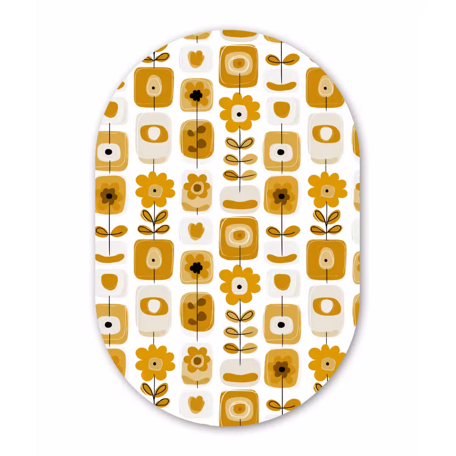 Retro - Abstract - Bloemen - Okergeel Wandcirkel Ovaal Aluminium middel 839 -3d